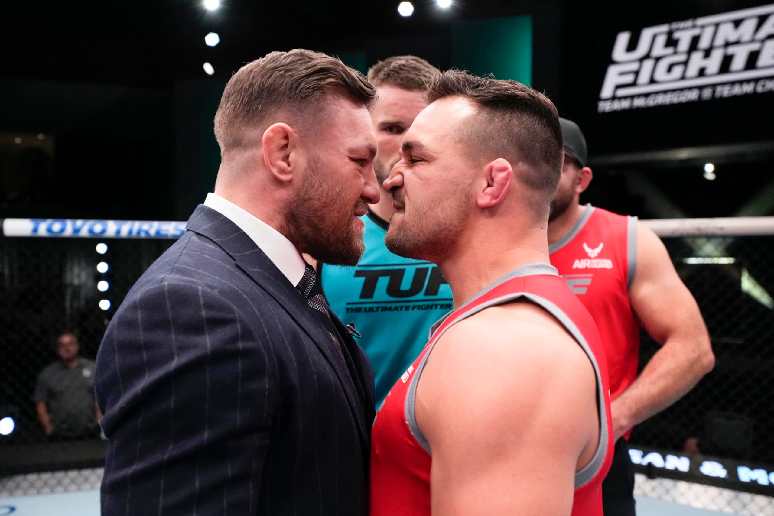 LAS VEGAS, NEVADA - MARCH 03: (L-R) Conor McGregor and Michael Chandler face off during the filming of The Ultimate Fighter at UFC APEX on March 3, 2023 in Las Vegas, Nevada. (Photo by Chris Unger/Zuffa LLC) LAS VEGAS, NEVADA - MARCH 03: (L-R) Conor McGregor and Michael Chandler face off during the filming of The Ultimate Fighter at UFC APEX on March 3, 2023 in Las Vegas, Nevada. (Photo by Chris Unger/Zuffa LLC)