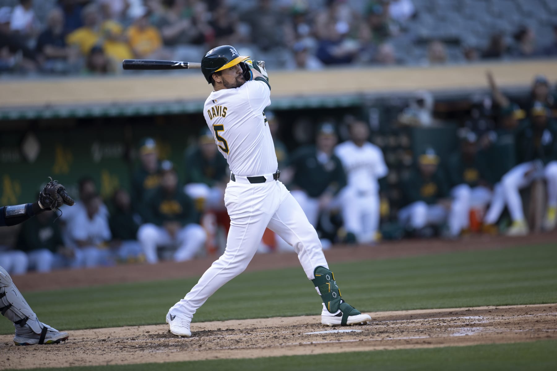 OAKLAND, CA - JUNE 4: J.D. Davis #5 of the Oakland Athletics bats during the game against the Seattle Mariners at the Oakland Coliseum on June 4, 2024 in Oakland, California. The Mariners defeated the Athletics 4-3. (Photo by Michael Zagaris/Oakland Athletics/Getty Images)