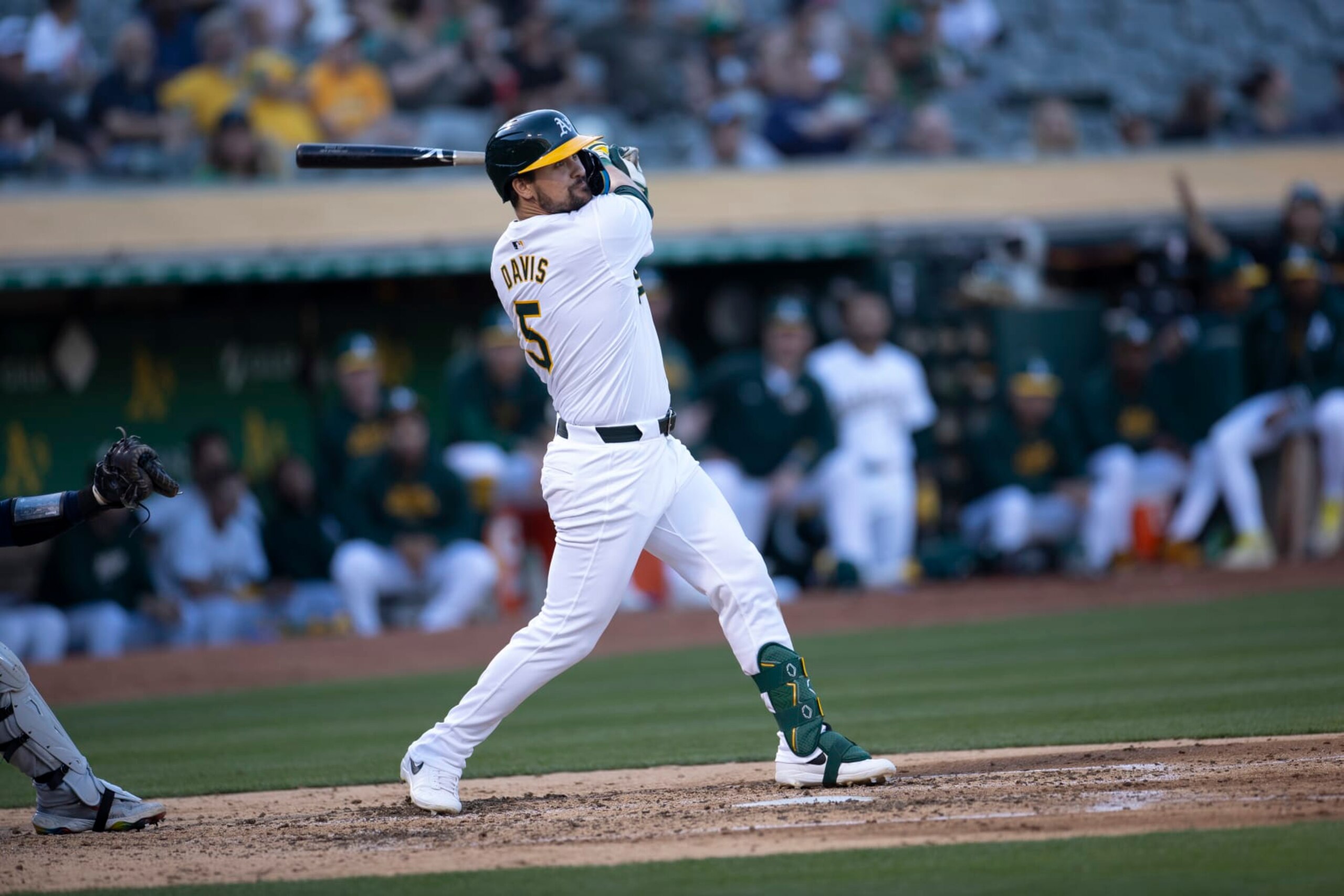 OAKLAND, CA - JUNE 4: J.D. Davis #5 of the Oakland Athletics bats during the game against the Seattle Mariners at the Oakland Coliseum on June 4, 2024 in Oakland, California. The Mariners defeated the Athletics 4-3. (Photo by Michael Zagaris/Oakland Athletics/Getty Images)