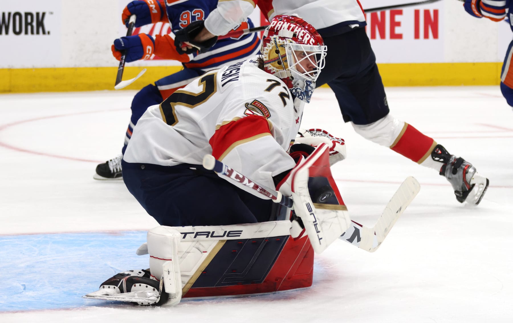 EDMONTON, ALBERTA - JUNE 21: Goaltender Sergei Bobrovsky #72 of the Florida Panthers makes a blocker save during the second period of Game Six of the 2024 Stanley Cup Final between Florida Panthers and the Edmonton Oilers at Rogers Place on June 21, 2024 in Edmonton, Alberta.  (Photo by Dave Sandford/NHLI via Getty Images)