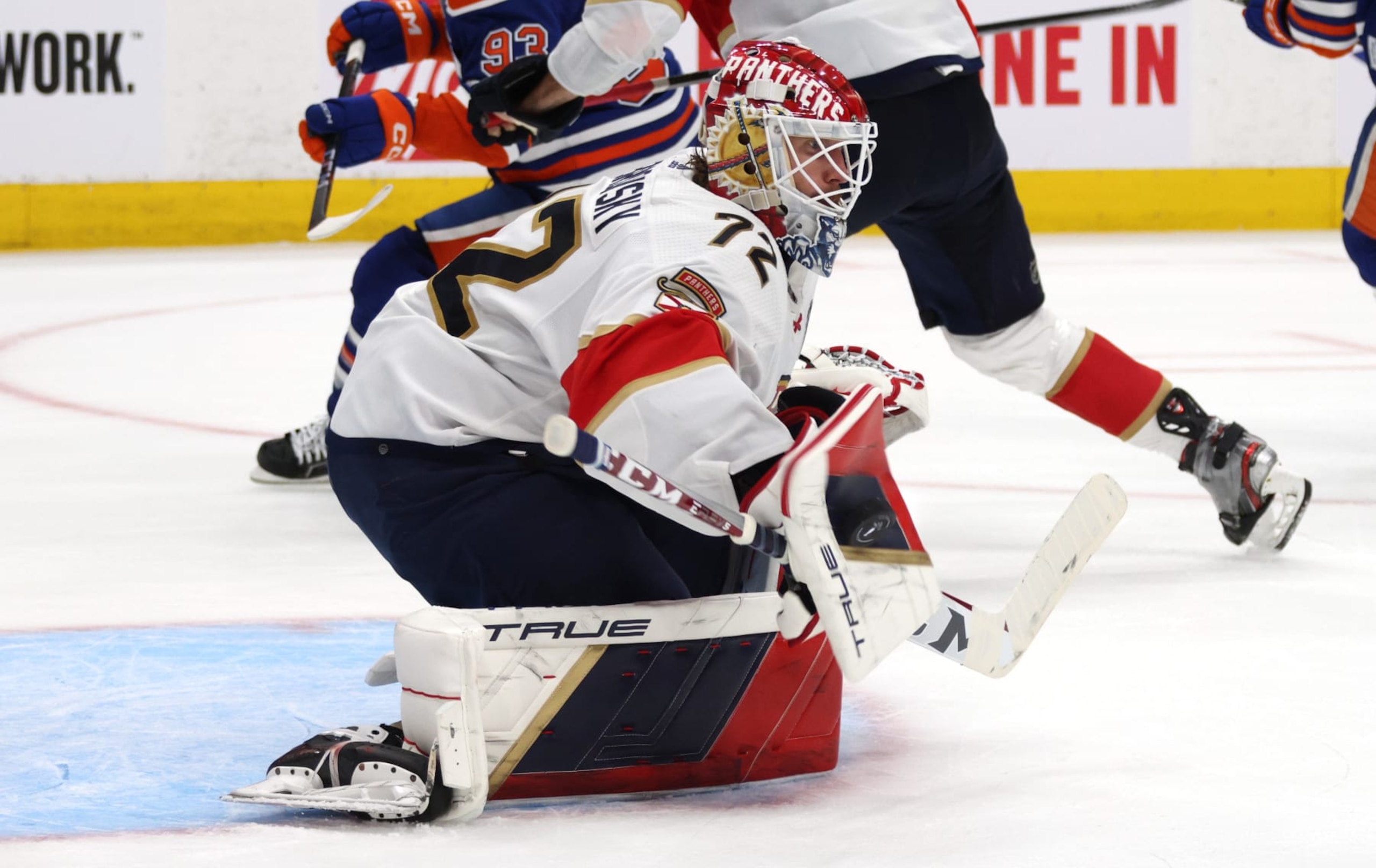 EDMONTON, ALBERTA - JUNE 21: Goaltender Sergei Bobrovsky #72 of the Florida Panthers makes a blocker save during the second period of Game Six of the 2024 Stanley Cup Final between Florida Panthers and the Edmonton Oilers at Rogers Place on June 21, 2024 in Edmonton, Alberta.  (Photo by Dave Sandford/NHLI via Getty Images)