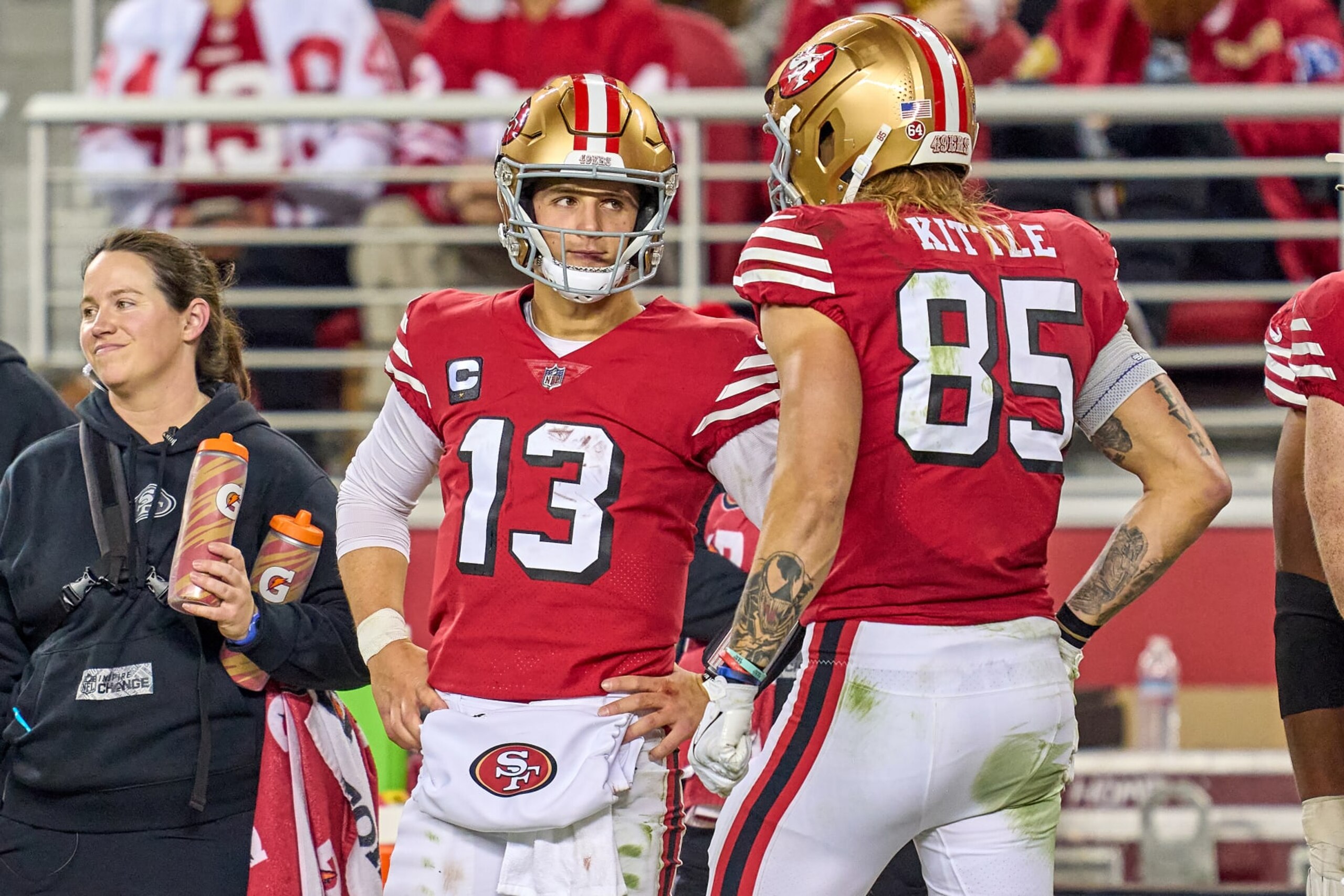 SANTA CLARA, CALIFORNIA - DECEMBER 25: Brock Purdy #13 talks to George Kittle #85 of the San Francisco 49ers in action during a game between the San Francisco 49ers and the Baltimore Ravens at Levi's Stadium on December 25, 2023 in Santa Clara, California. (Photo by Robin Alam/ISI Photos/Getty Images)