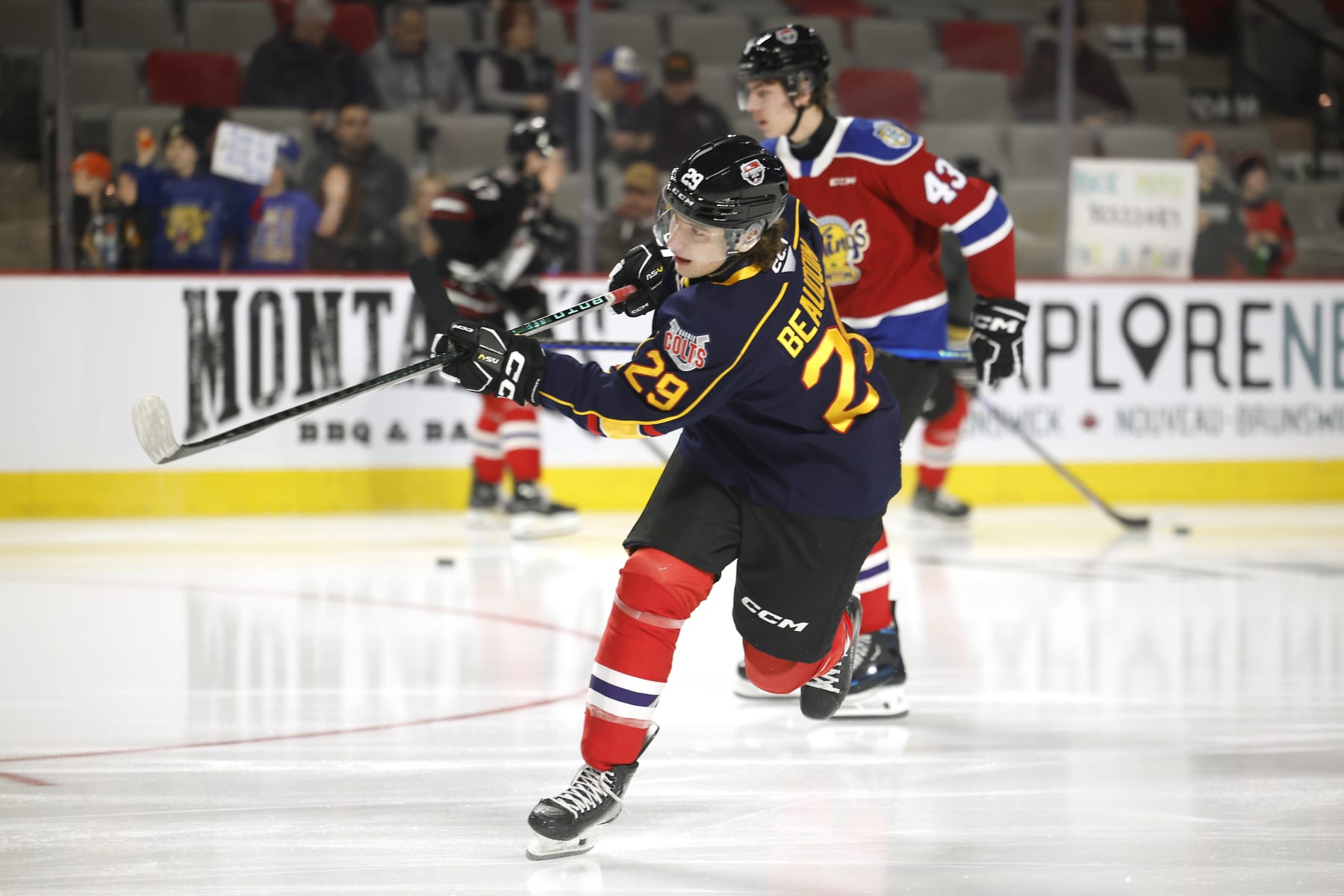 MONCTON, CANADA - JANUARY 24: Cole Beaudoin #29 of Team Red shoots the puck during the warm ups of the 2024 Kubota CHL Top Prospects Game at Avenir Centre on January 24, 2024 in Moncton, Canada. (Photo by Dale Preston/Getty Images)