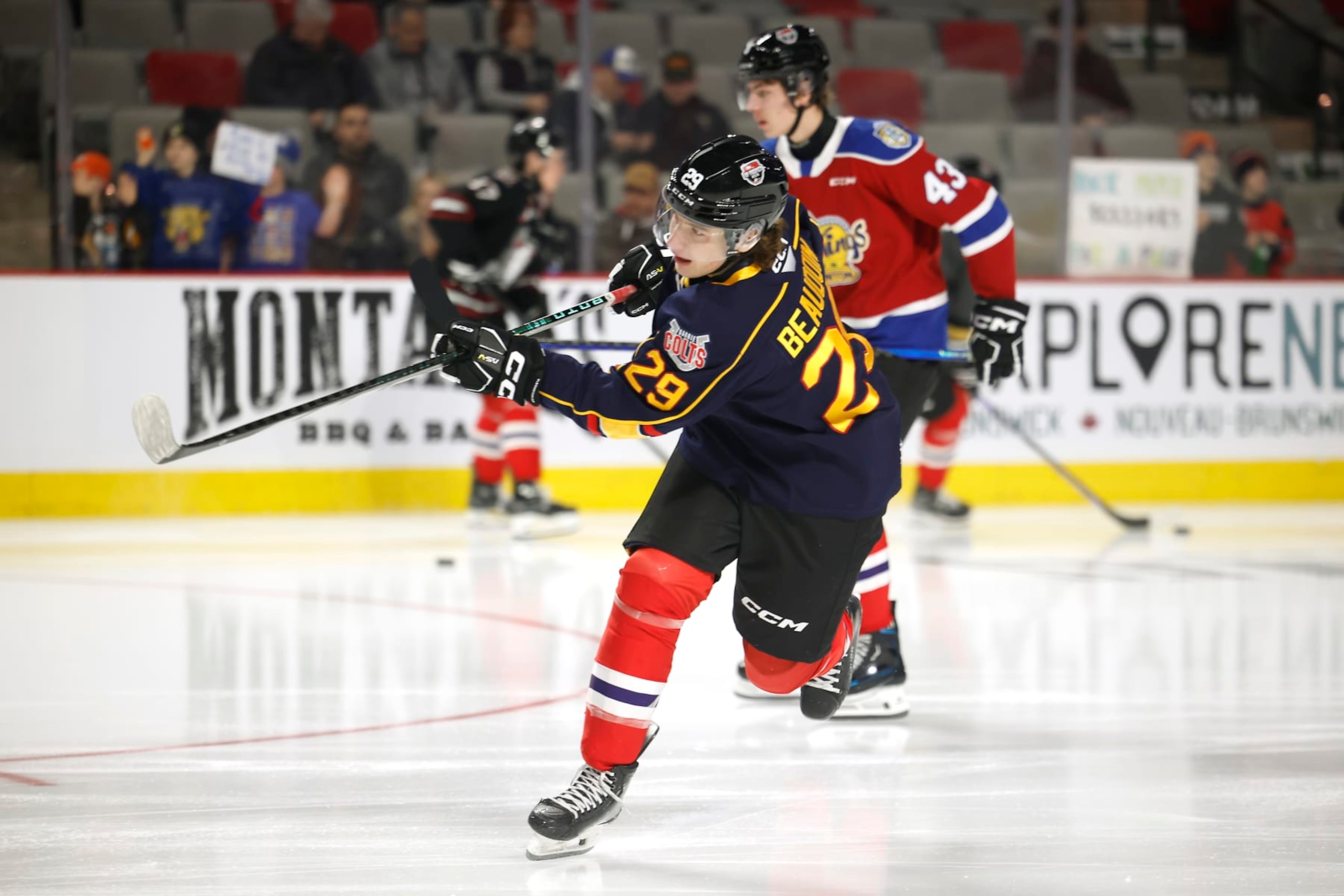 MONCTON, CANADA - JANUARY 24: Cole Beaudoin #29 of Team Red shoots the puck during the warm ups of the 2024 Kubota CHL Top Prospects Game at Avenir Centre on January 24, 2024 in Moncton, Canada. (Photo by Dale Preston/Getty Images)