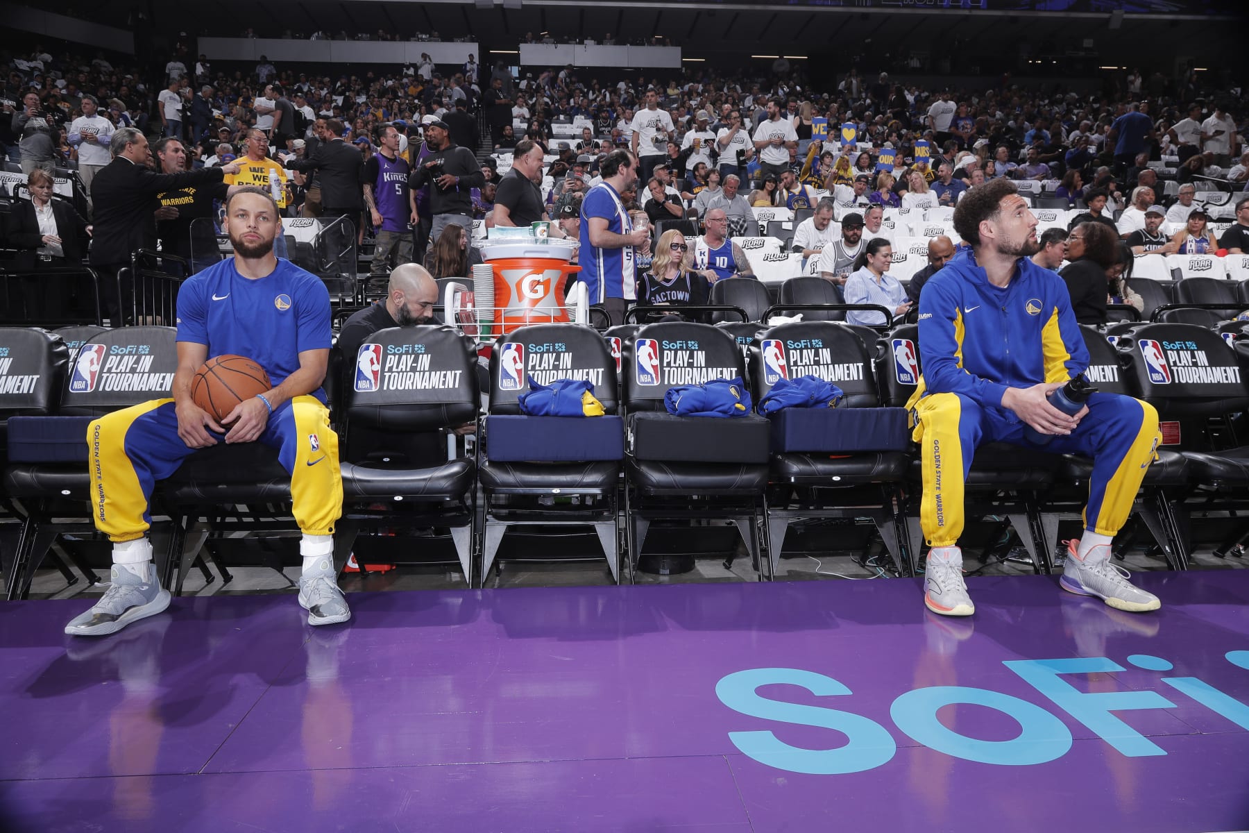 SACRAMENTO, CA - APRIL 16: Stephen Curry #30 and Klay Thompson #11 of the Golden State Warriors look on from the bench prior to the game against the Sacramento Kings during the 2024 Play-In Tournament on April 16, 2024 at Golden 1 Center in Sacramento, California. NOTE TO USER: User expressly acknowledges and agrees that, by downloading and or using this photograph, User is consenting to the terms and conditions of the Getty Images Agreement. Mandatory Copyright Notice: Copyright 2024 NBAE (Photo by Rocky Widner/NBAE via Getty Images)