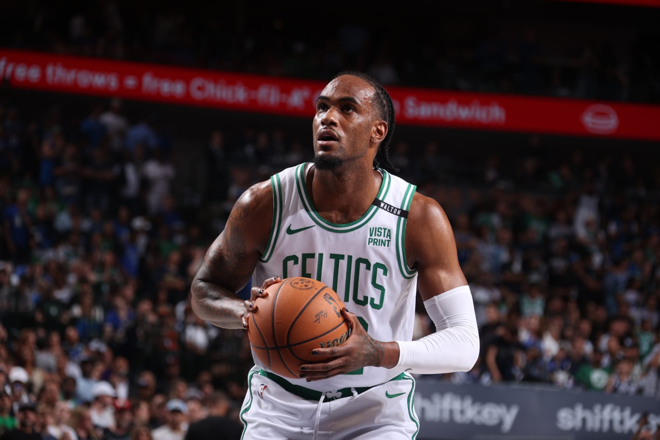 DALLAS, TX - JUNE 14: Oshae Brissett #12 of the Boston Celtics shoots a free throw during the game against the Dallas Mavericks during Game 4 of the 2024 NBA Finals on June 14, 2024 at the American Airlines Center in Dallas, Texas. NOTE TO USER: User expressly acknowledges and agrees that, by downloading and or using this photograph, User is consenting to the terms and conditions of the Getty Images License Agreement. Mandatory Copyright Notice: Copyright 2024 NBAE (Photo by Nathaniel S. Butler/NBAE via Getty Images) DALLAS, TX - JUNE 14: Oshae Brissett #12 of the Boston Celtics shoots a free throw during the game against the Dallas Mavericks during Game 4 of the 2024 NBA Finals on June 14, 2024 at the American Airlines Center in Dallas, Texas. NOTE TO USER: User expressly acknowledges and agrees that, by downloading and or using this photograph, User is consenting to the terms and conditions of the Getty Images License Agreement. Mandatory Copyright Notice: Copyright 2024 NBAE (Photo by Nathaniel S. Butler/NBAE via Getty Images)