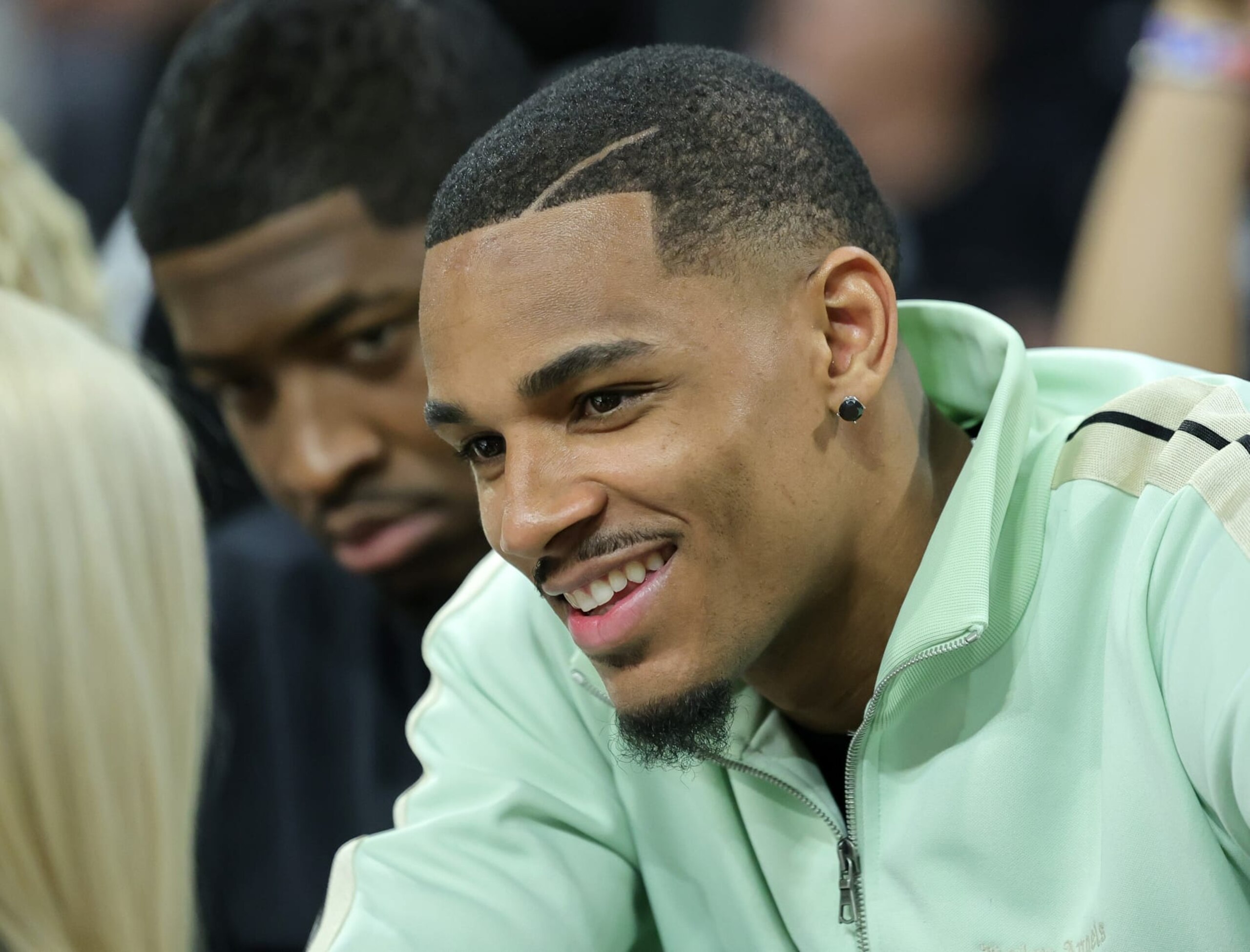 LAS VEGAS, NEVADA - MAY 25: NBA player Dejounte Murray of the Atlanta Hawks attends a game between the Indiana Fever and the Las Vegas Aces at Michelob ULTRA Arena on May 25, 2024 in Las Vegas, Nevada. The Aces defeated the Fever 99-80. NOTE TO USER: User expressly acknowledges and agrees that, by downloading and or using this photograph, User is consenting to the terms and conditions of the Getty Images License Agreement. (Photo by Ethan Miller/Getty Images)
