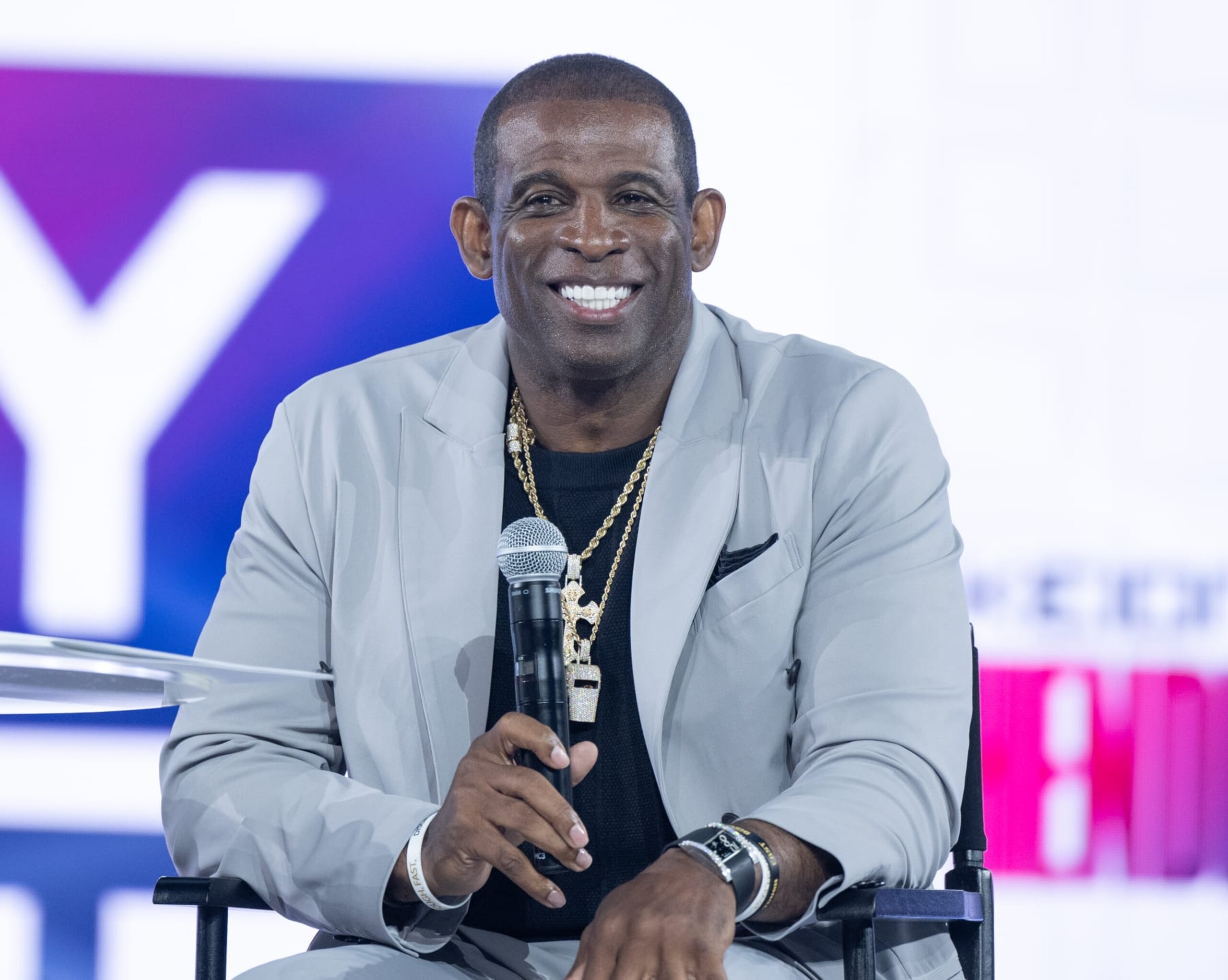 HOUSTON, TEXAS - JUNE 21: Deion Sanders speaks on stage during day 1of the Cry Out 2024 at George R. Brown Convention Center on June 21, 2024 in Houston, Texas. (Photo by Marcus Ingram/Getty Images)