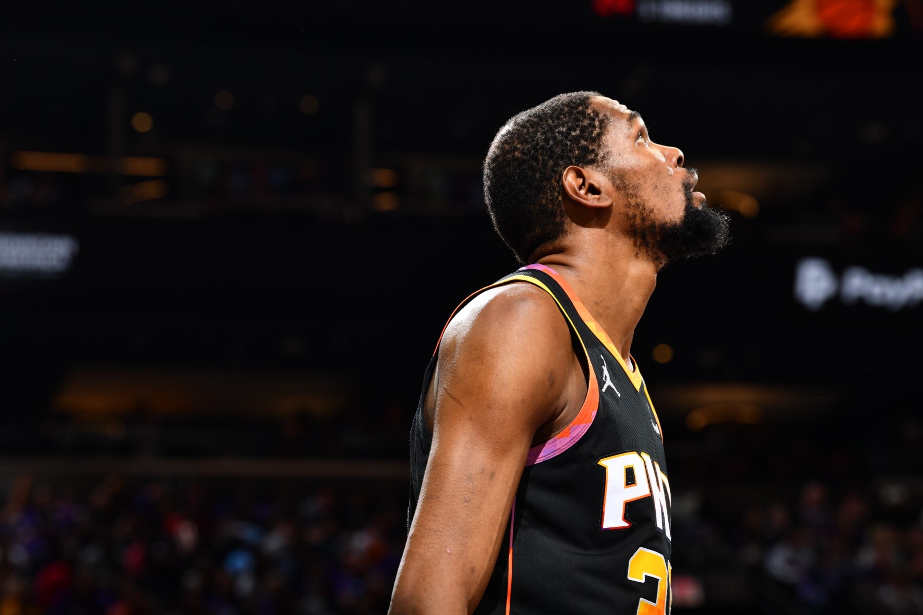 PHOENIX, AZ - APRIL 4: Kevin Durant #35 of the Phoenix Suns looks on during the game against the Minnesota Timberwolves during Round 1 Game 4 of the 2024 NBA Playoffs on April 4, 2023 at Footprint Center in Phoenix, Arizona. NOTE TO USER: User expressly acknowledges and agrees that, by downloading and or using this photograph, user is consenting to the terms and conditions of the Getty Images License Agreement. Mandatory Copyright Notice: Copyright 2024 NBAE (Photo by Barry Gossage/NBAE via Getty Images)