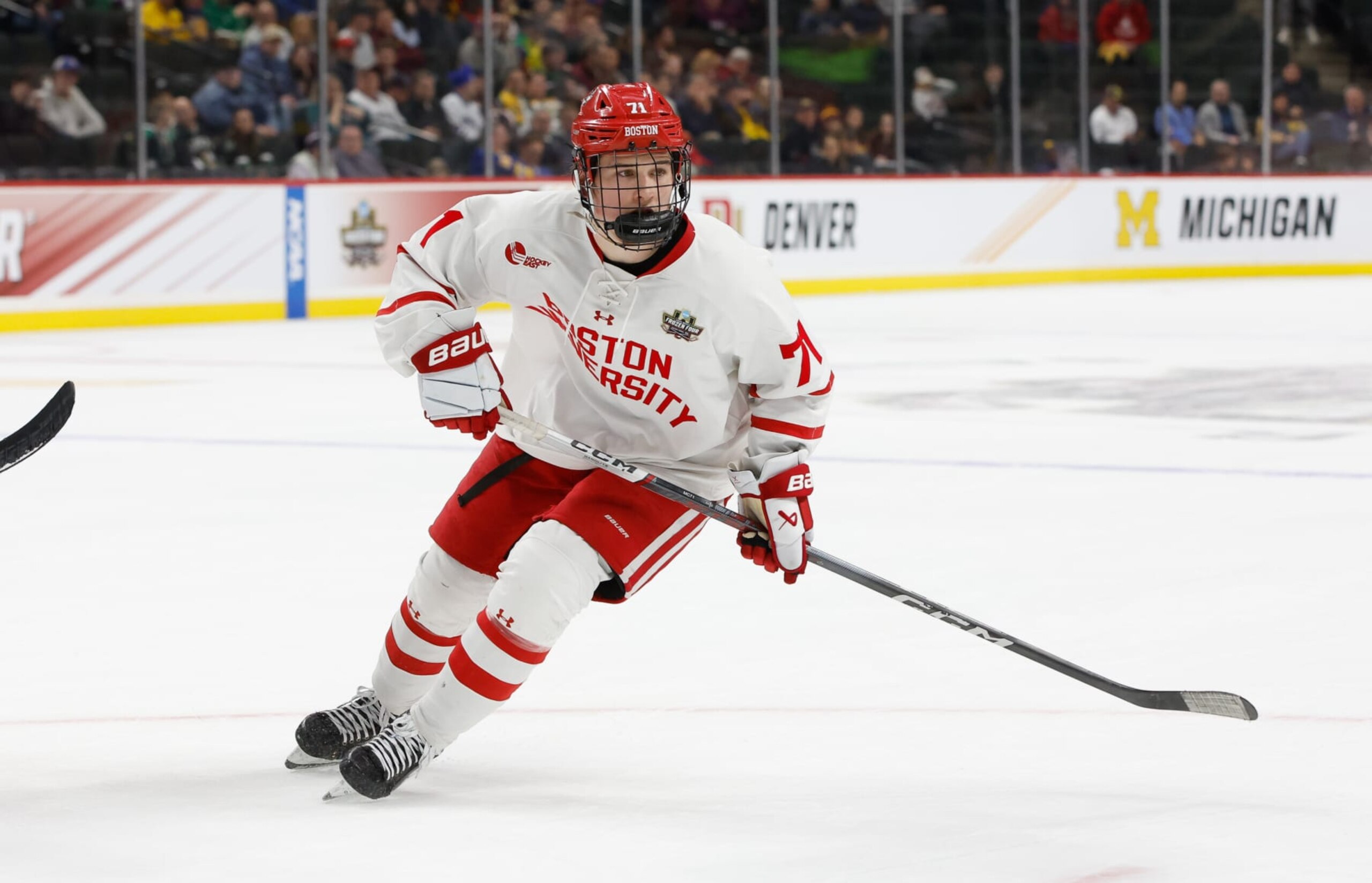 ST. PAUL, MINNESOTA - APRIL 11: Macklin Celebrini #71 of the Boston University Terriers skates against the Denver Pioneers during the NCAA Men's Hockey Frozen Four semifinal at the Xcel Energy Center on April 11, 2024 in St. Paul, Minnesota. (Photo by Richard T Gagnon/Getty Images)