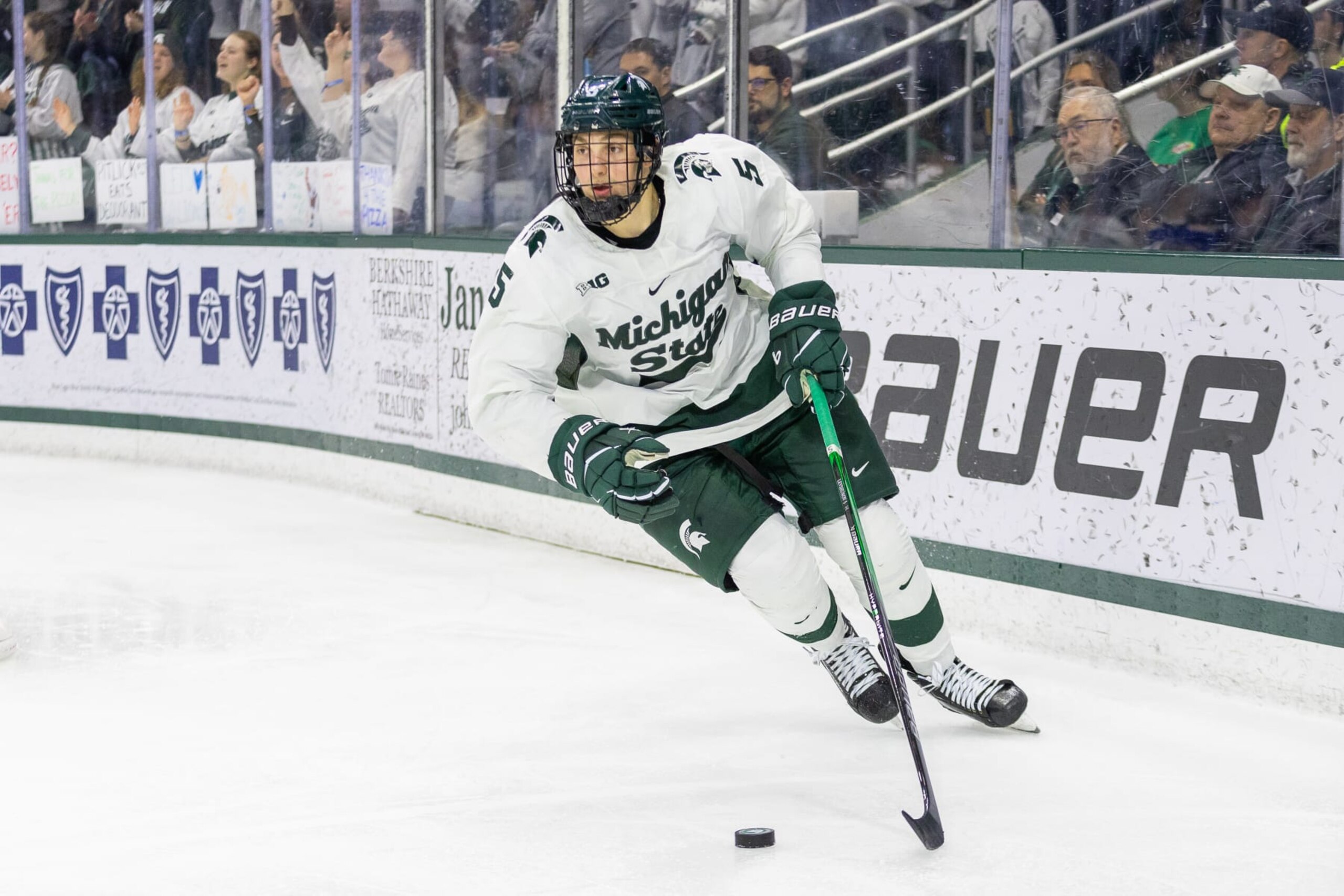 EAST LANSING, MI - JANUARY 26: Artyom Levshunov #5 of Michigan State during a game between University of Minnesota and Michigan State University at Munn Ice Arena on January 26, 2024 in East Lansing, Michigan. (Photo by Michael Miller/ISI Photos/Getty Images)
