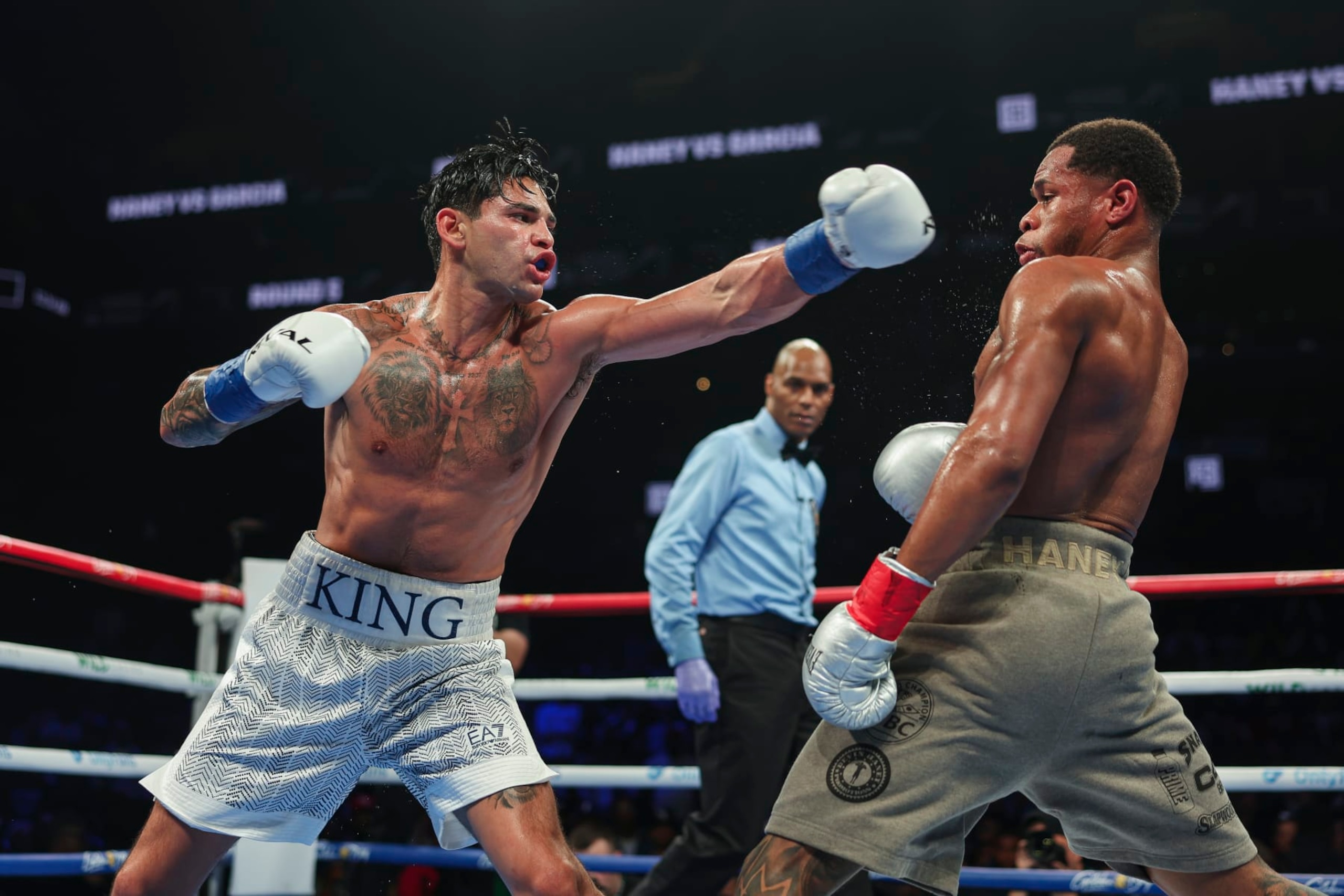 NEW YORK, NEW YORK - APRIL 20: Ryan Garcia throws a punch at Devin Haney during a fight at Barclays Center on April 20, 2024 in New York City.  (Photo by Cris Esqueda/Golden Boy/Getty Images)