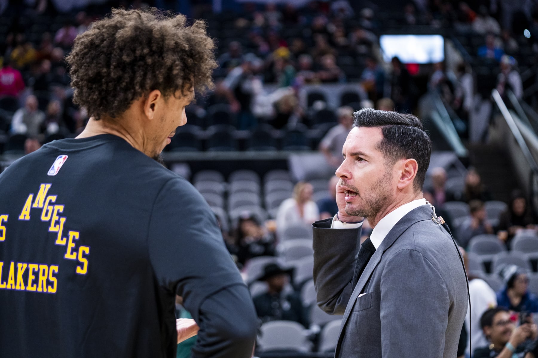 SAN ANTONIO, TX - DECEMBER 15:  Jaxson Hayes #11 Of the Los Angeles Lakers & JJ Redick looks on before the game on December 15, 2023 at the Frost Bank Center in San Antonio, Texas. NOTE TO USER: User expressly acknowledges and agrees that, by downloading and or using this photograph, user is consenting to the terms and conditions of the Getty Images License Agreement. Mandatory Copyright Notice: Copyright 2023 NBAE (Photos by Tyler Ross/NBAE via Getty Images)
