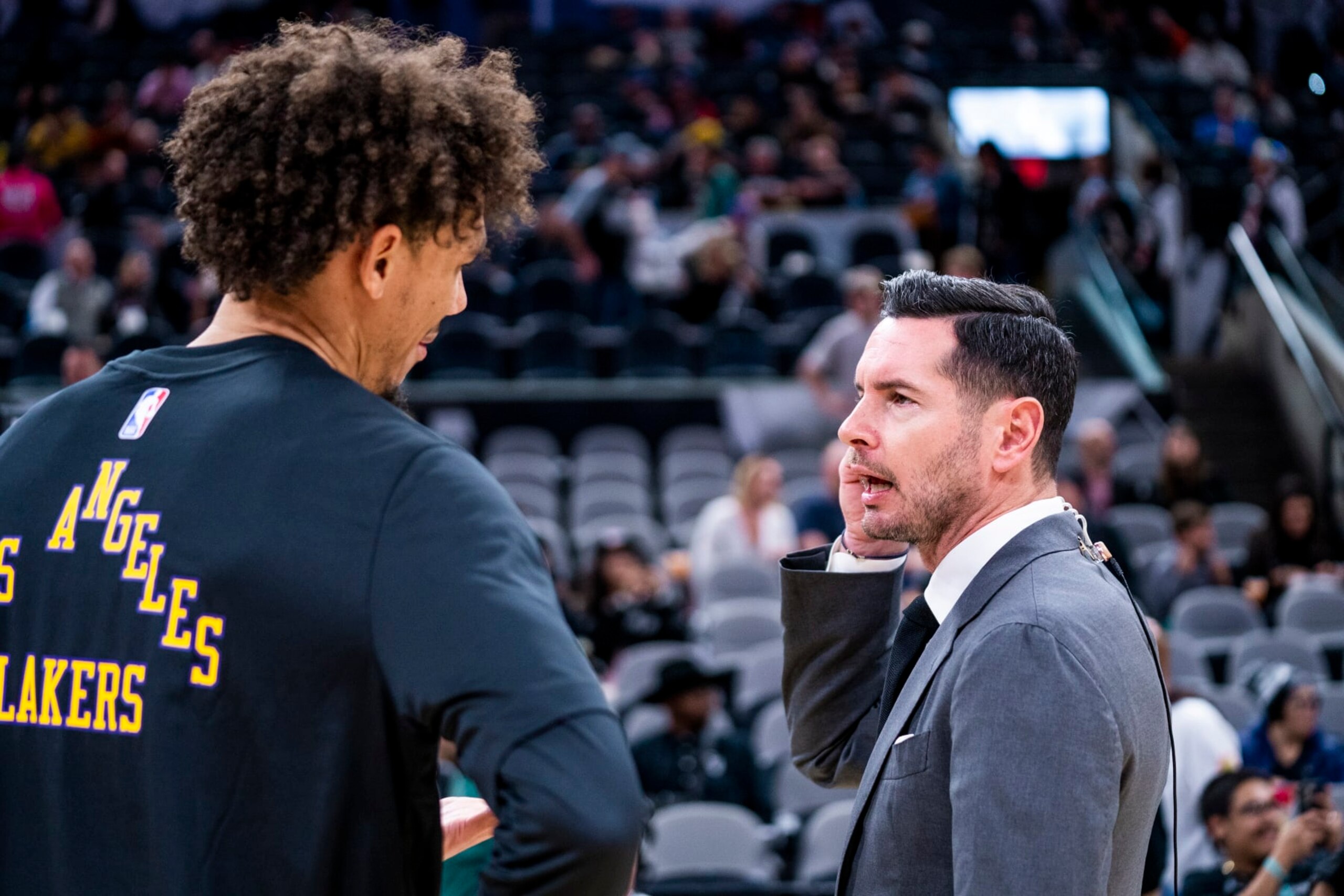 SAN ANTONIO, TX - DECEMBER 15: Jaxson Hayes #11 Of the Los Angeles Lakers & JJ Redick looks on before the game on December 15, 2023 at the Frost Bank Center in San Antonio, Texas. NOTE TO USER: User expressly acknowledges and agrees that, by downloading and or using this photograph, user is consenting to the terms and conditions of the Getty Images License Agreement. Mandatory Copyright Notice: Copyright 2023 NBAE (Photos by Tyler Ross/NBAE via Getty Images) SAN ANTONIO, TX - DECEMBER 15: Jaxson Hayes #11 Of the Los Angeles Lakers & JJ Redick looks on before the game on December 15, 2023 at the Frost Bank Center in San Antonio, Texas. NOTE TO USER: User expressly acknowledges and agrees that, by downloading and or using this photograph, user is consenting to the terms and conditions of the Getty Images License Agreement. Mandatory Copyright Notice: Copyright 2023 NBAE (Photos by Tyler Ross/NBAE via Getty Images)