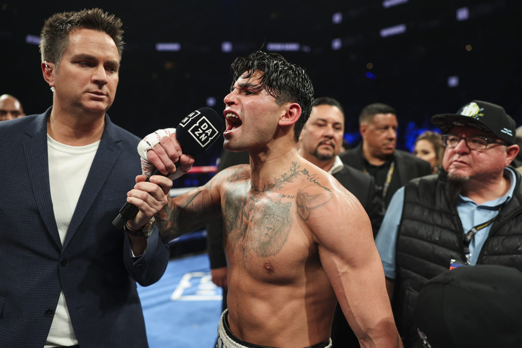 NEW YORK, NEW YORK - APRIL 20: Ryan Garcia celebrates after defeating Devin Haney in a fight at Barclays Center on April 20, 2024 in New York City.  (Photo by Cris Esqueda/Golden Boy/Getty Images)