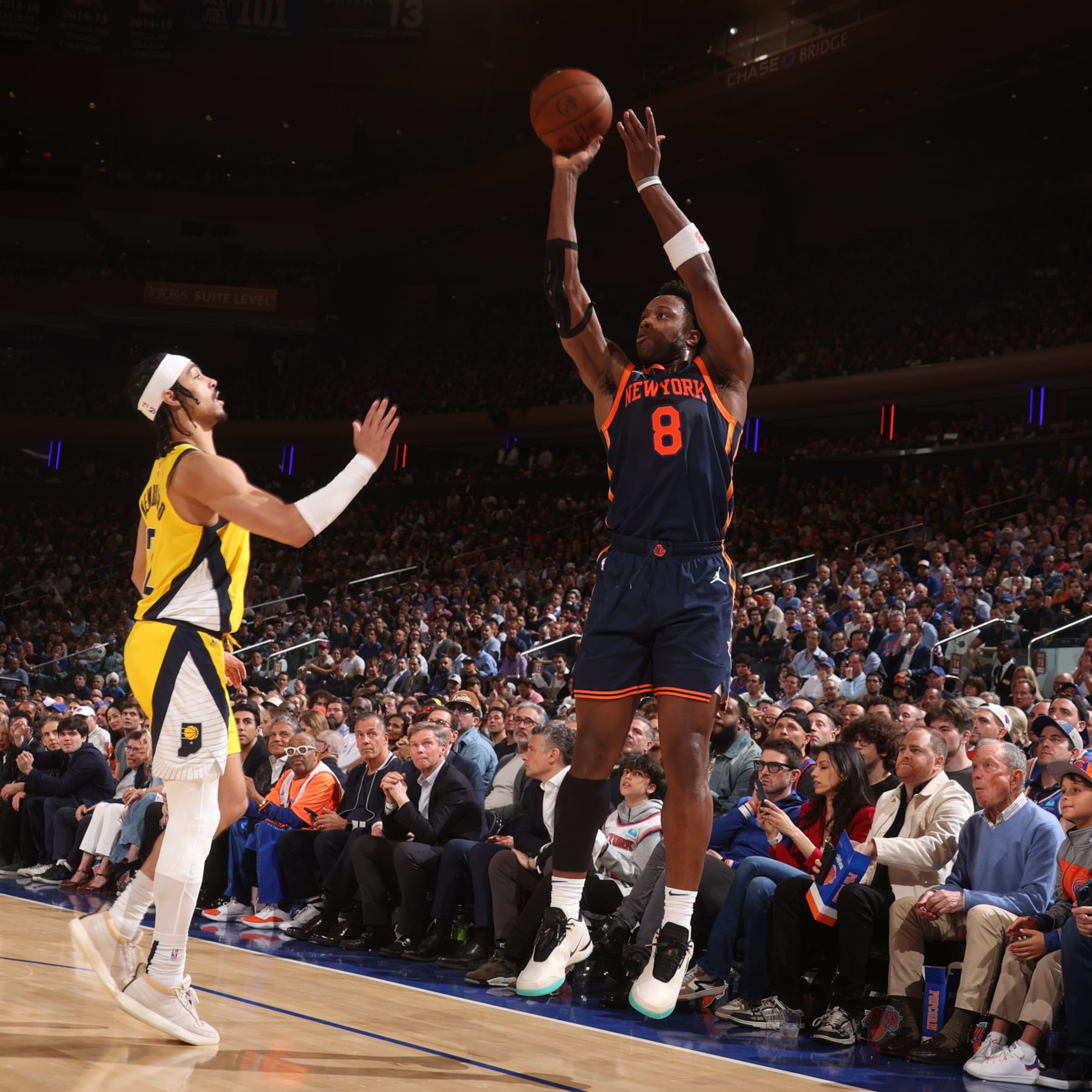 NEW YORK, NY - MAY 8: OG Anunoby #8 of the New York Knicks shoots a three point basket during the game against the Indiana Pacers during Round 2 Game 2 of the 2024 NBA Playoffs on May 8, 2024 at Madison Square Garden in New York City, New York. NOTE TO USER: User expressly acknowledges and agrees that, by downloading and or using this photograph, User is consenting to the terms and conditions of the Getty Images License Agreement. Mandatory Copyright Notice: Copyright 2024 NBAE (Photo by Nathaniel S. Butler/NBAE via Getty Images) NEW YORK, NY - MAY 8: OG Anunoby #8 of the New York Knicks shoots a three point basket during the game against the Indiana Pacers during Round 2 Game 2 of the 2024 NBA Playoffs on May 8, 2024 at Madison Square Garden in New York City, New York. NOTE TO USER: User expressly acknowledges and agrees that, by downloading and or using this photograph, User is consenting to the terms and conditions of the Getty Images License Agreement. Mandatory Copyright Notice: Copyright 2024 NBAE (Photo by Nathaniel S. Butler/NBAE via Getty Images)