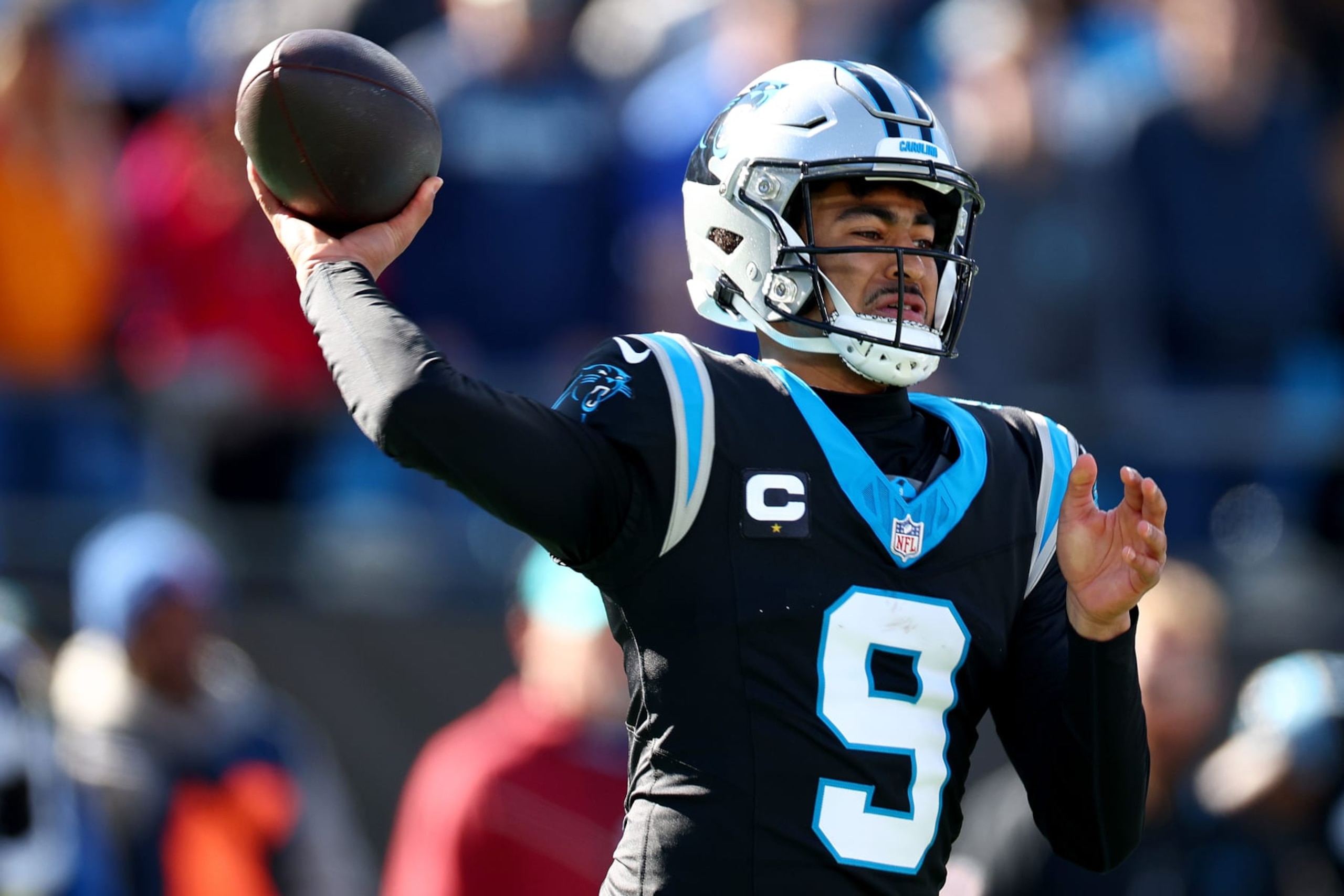 CHARLOTTE, NORTH CAROLINA - JANUARY 07: Bryce Young #9 of the Carolina Panthers throws a pass during the first quarter against the Tampa Bay Buccaneers at Bank of America Stadium on January 07, 2024 in Charlotte, North Carolina. (Photo by Jared C. Tilton/Getty Images)