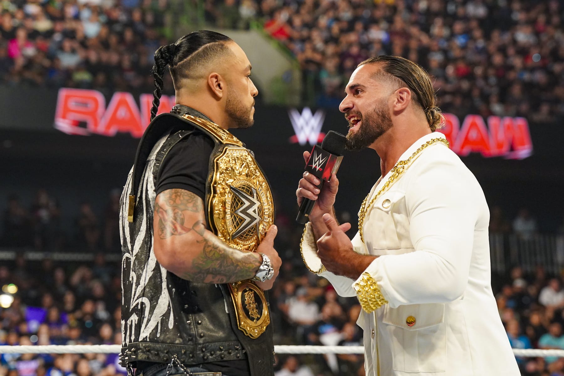 CORPUS CHRISTI, TEXAS - JUNE 17: Damien Priest challenges Seth Rollins for the World Heavyweight Title at Money in the Bank during Monday Night RAW at American Bank Center on June 17, 2024 in Corpus Christi, Texas.  (Photo by WWE/Getty Images)
