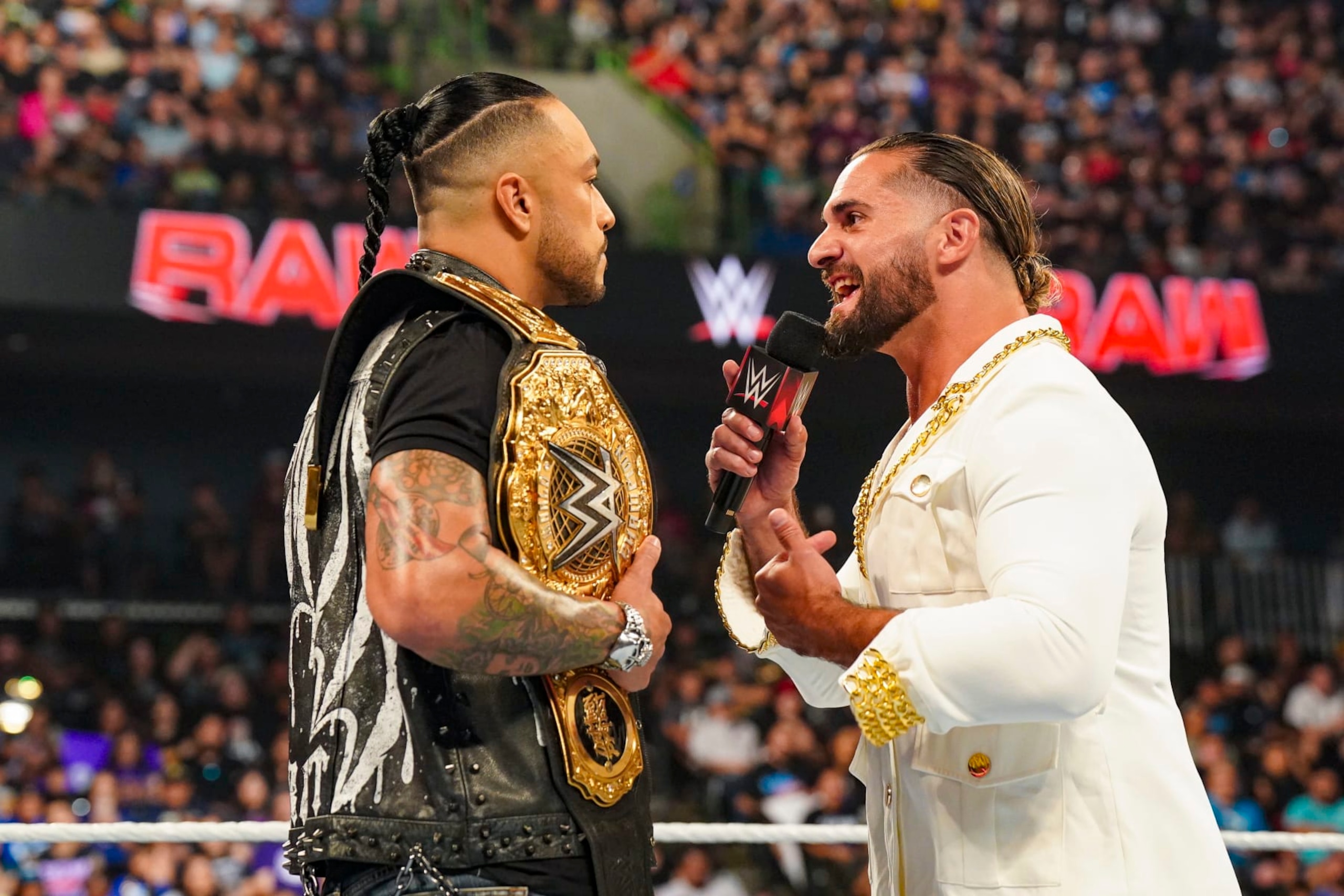 CORPUS CHRISTI, TEXAS - JUNE 17: Damien Priest challenges Seth Rollins for the World Heavyweight Title at Money in the Bank during Monday Night RAW at American Bank Center on June 17, 2024 in Corpus Christi, Texas.  (Photo by WWE/Getty Images)