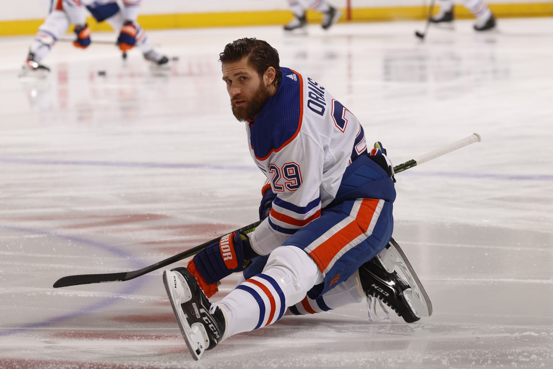 SUNRISE, FLORIDA - JUNE 24: Leon Draisaitl #29 of the Edmonton Oilers warms up on the ice prior to the start of the game against the Florida Panthers in Game Seven of the Stanley Cup Final at the Amerant Bank Arena on June 24, 2024 in Sunrise, Florida. (Photo by Eliot J. Schechter/NHLI via Getty Images)
