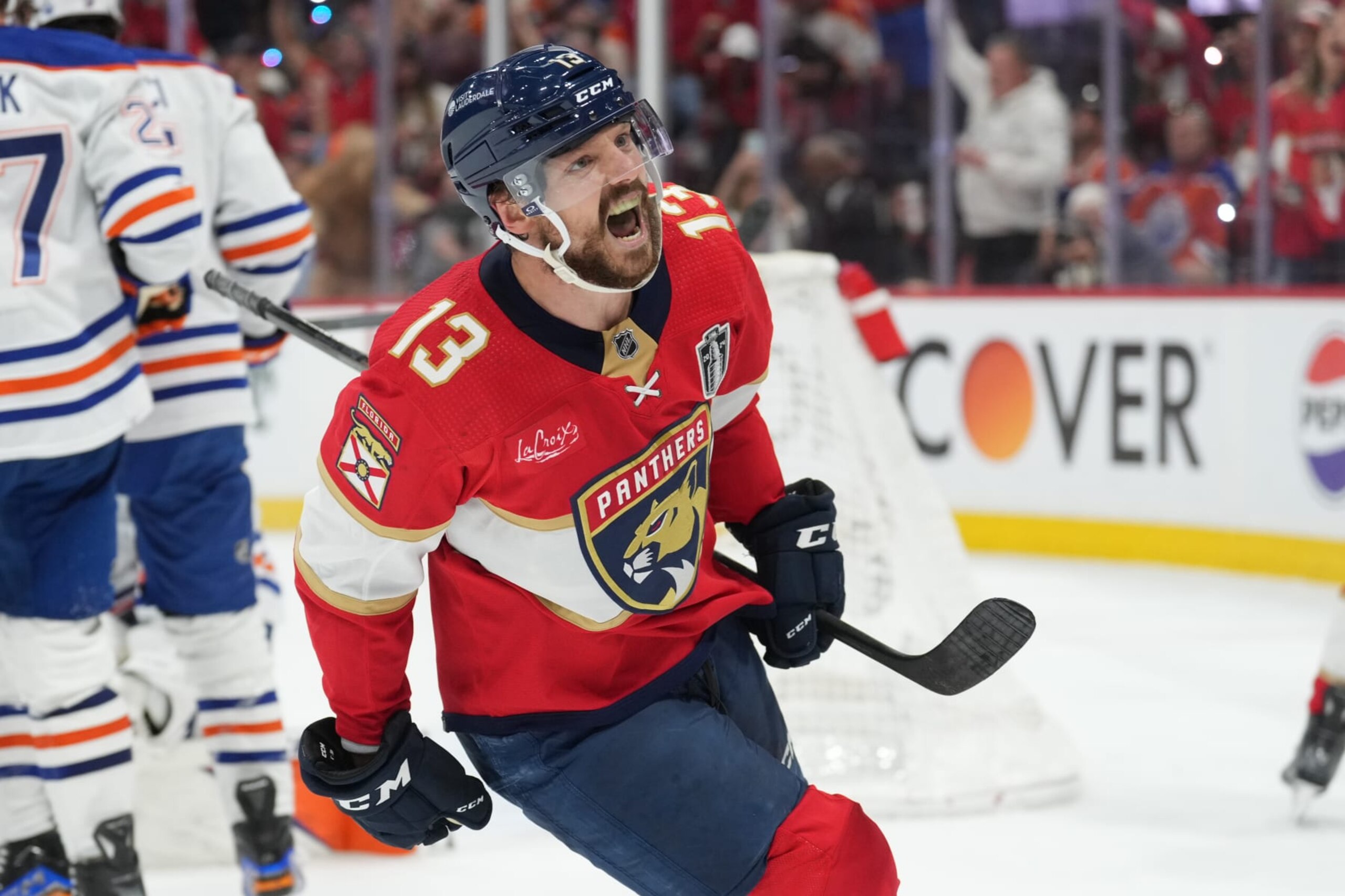 SUNRISE, FL - JUNE 24: Florida Panthers center Sam Reinhart (13) celebrates his goal in the second period during game seven of the Stanley Cup Finals between the Edmonton Oilers and the Florida Panthers on Monday, June 24, 2024 at Amerant Bank Arena in Sunrise, Fla. (Photo by Peter Joneleit/Icon Sportswire via Getty Images) SUNRISE, FL - JUNE 24: Florida Panthers center Sam Reinhart (13) celebrates his goal in the second period during game seven of the Stanley Cup Finals between the Edmonton Oilers and the Florida Panthers on Monday, June 24, 2024 at Amerant Bank Arena in Sunrise, Fla. (Photo by Peter Joneleit/Icon Sportswire via Getty Images)