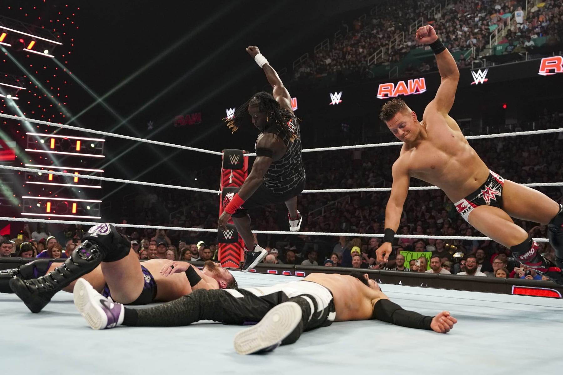 GREENSBORO, NORTH CAROLINA - MAY 20: R-Truth and The Miz in action against JD McDonagh and Finn Balor during Monday Night RAW at Greensboro Coliseum Complex on May 20, 2024 in Greensboro, North Carolina.  (Photo by WWE/Getty Images)