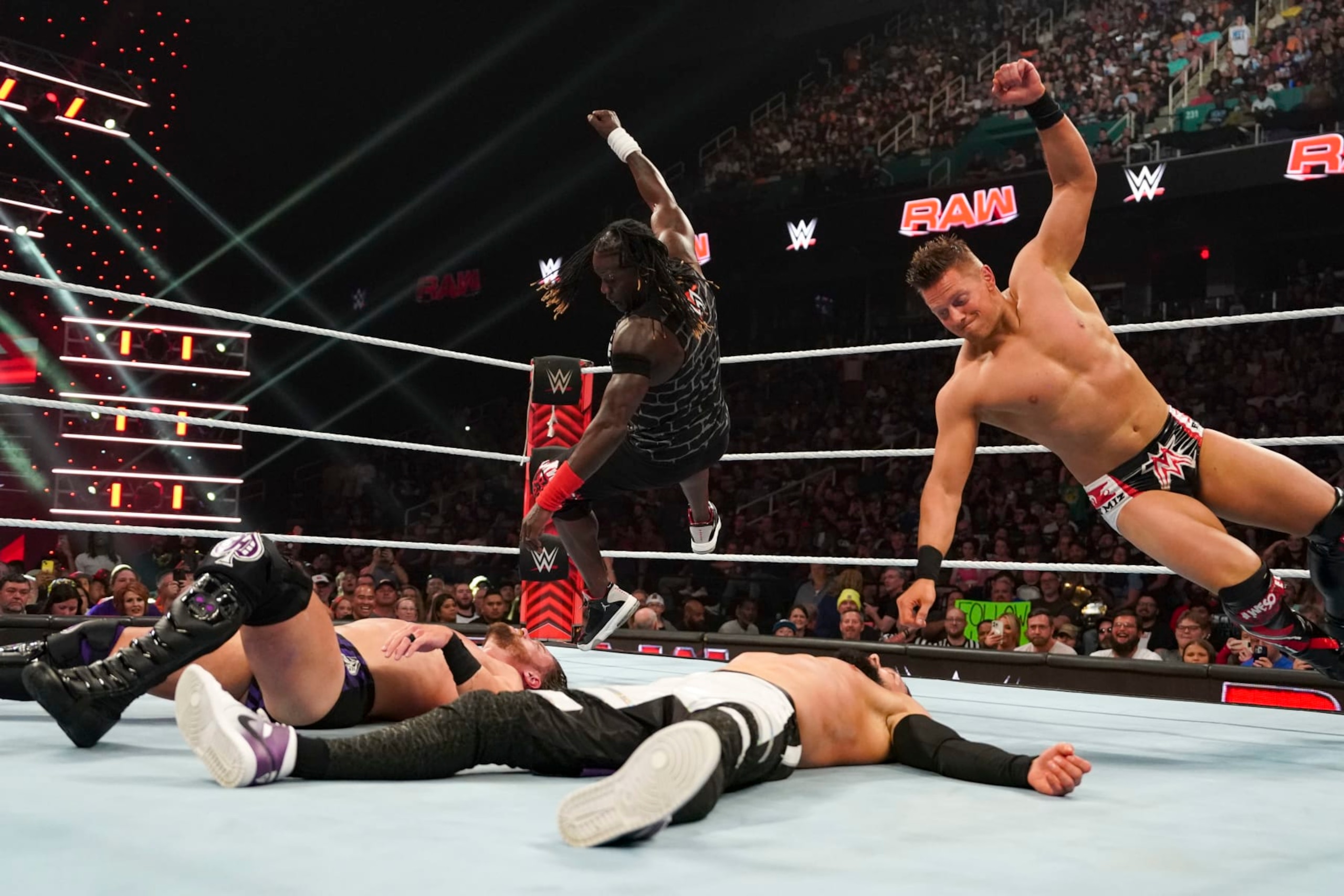 GREENSBORO, NORTH CAROLINA - MAY 20: R-Truth and The Miz in action against JD McDonagh and Finn Balor during Monday Night RAW at Greensboro Coliseum Complex on May 20, 2024 in Greensboro, North Carolina.  (Photo by WWE/Getty Images)