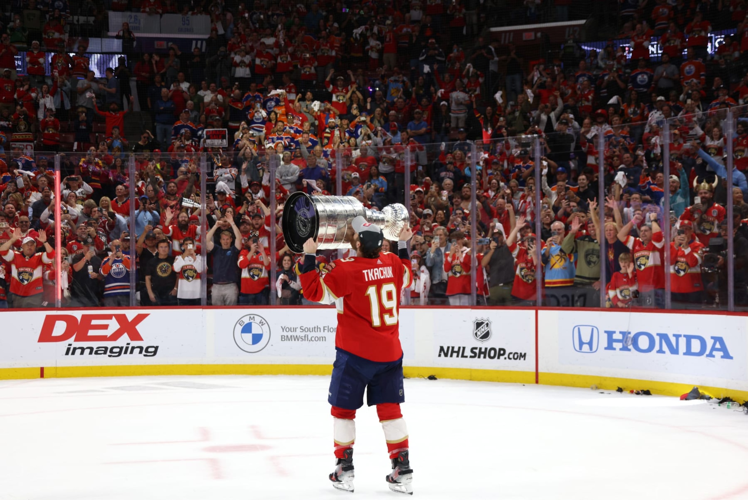 SUNRISE, FLORIDA - JUNE 24: Matthew Tkachuk #19 of the Florida Panthers kisses the Stanley Cup after Game Seven of the 2024 Stanley Cup Final between the Edmonton Oilers and the Florida Panthers at Amerant Bank Arena on June 24, 2024 in Sunrise, Florida. (Photo by Dave Sandford/NHLI via Getty Images)