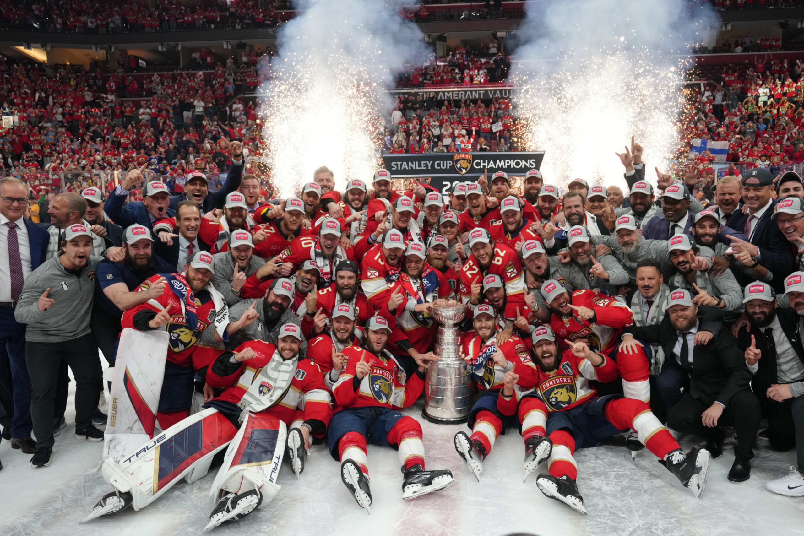 SUNRISE, FL - JUNE 24: The Florida Panthers pose for a team photo following game seven of the Stanley Cup Finals between the Edmonton Oilers and the Florida Panthers on Monday, June 24, 2024  at Amerant Bank Arena in Sunrise, Fla. (Photo by Peter Joneleit/Icon Sportswire via Getty Images)