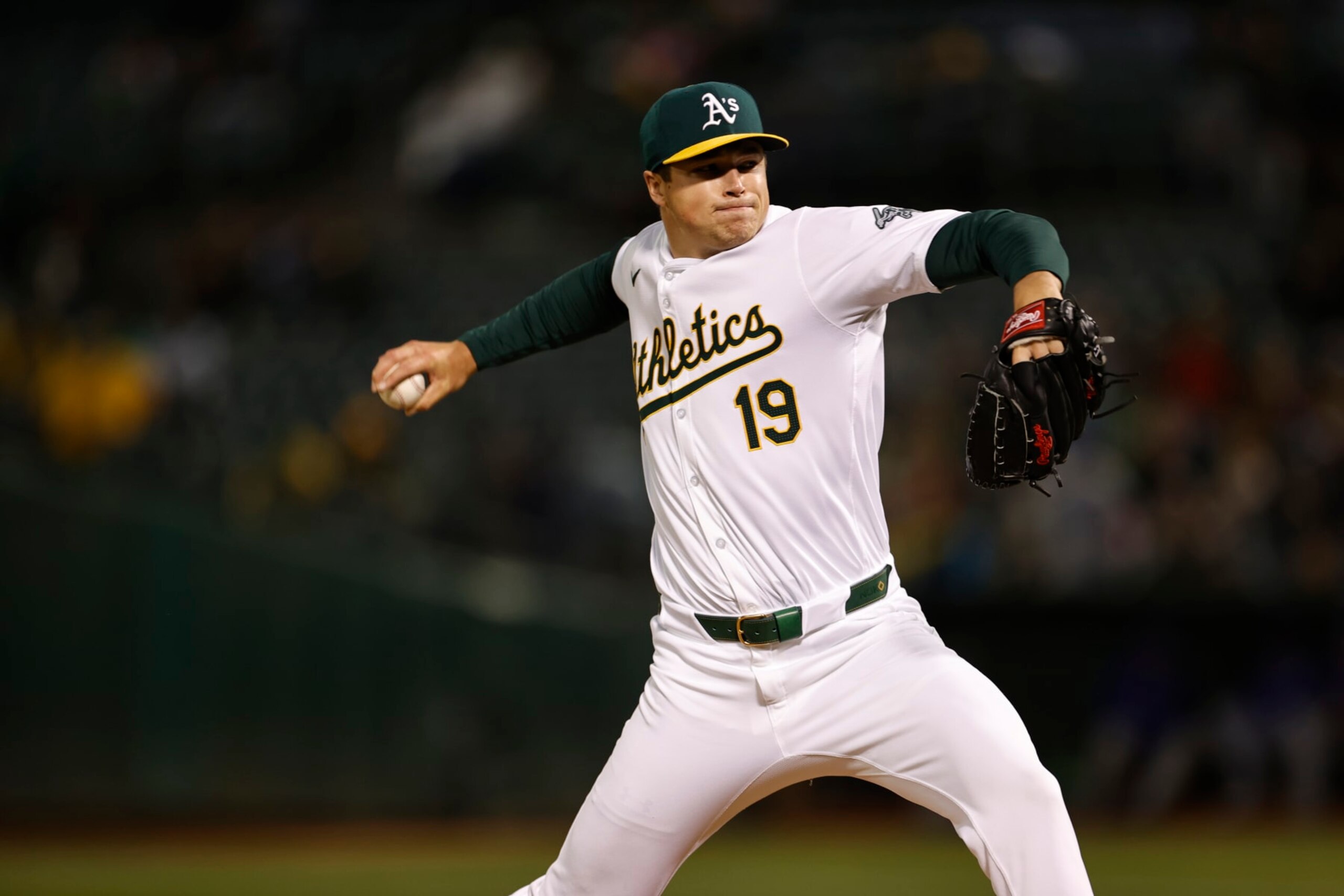 OAKLAND, CA - JUNE 7: Mason Miller #19 of the Oakland Athletics pitches during the game against the Toronto Blue Jays at the Oakland Coliseum on June 7, 2024 in Oakland, California. The Athletics defeated the Blue Jays 2-1. (Photo by Michael Zagaris/Oakland Athletics/Getty Images)