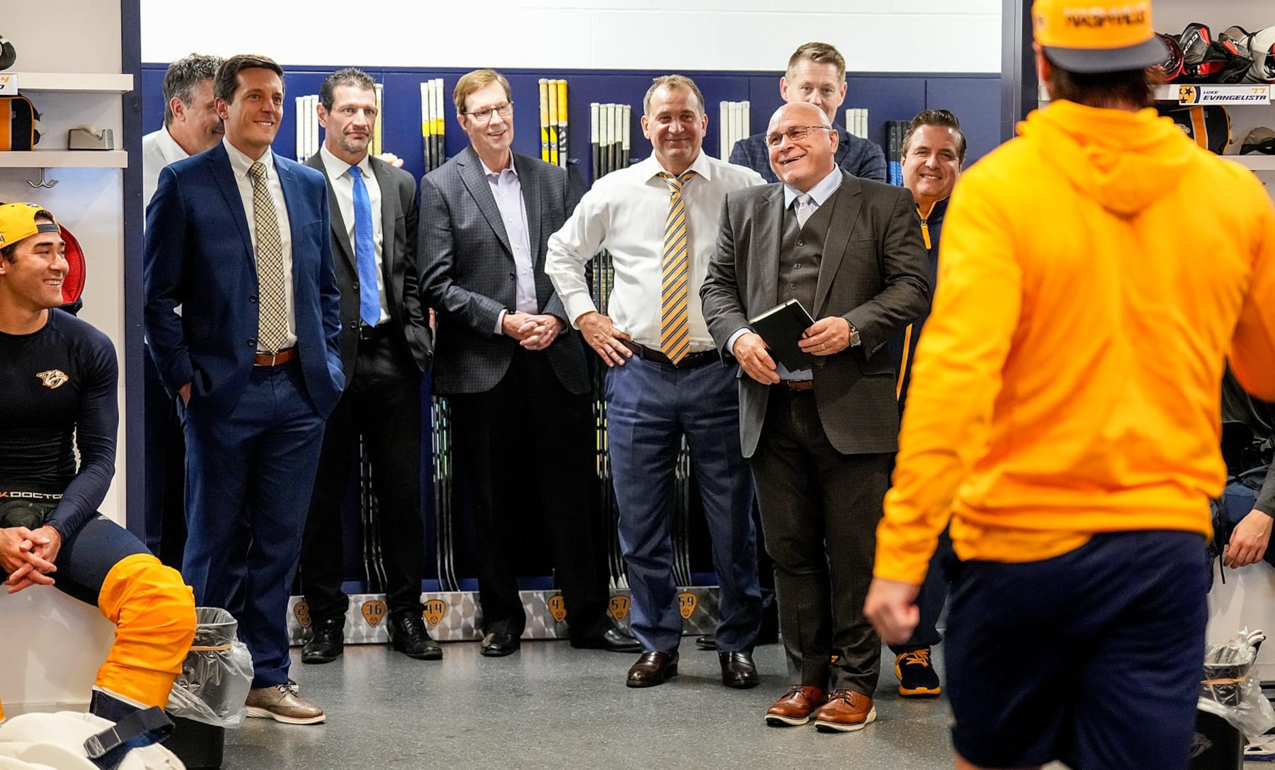 NASHVILLE, TENNESSEE - OCTOBER 12: Nashville Predators General Manager Barry Trotz smiles as the team presents him with a game puck for his first win as team GM in a 3-0 shutout against the Seattle Kraken at Bridgestone Arena on October 12, 2023 in Nashville, Tennessee. (Photo by John Russell/NHLI via Getty Images)