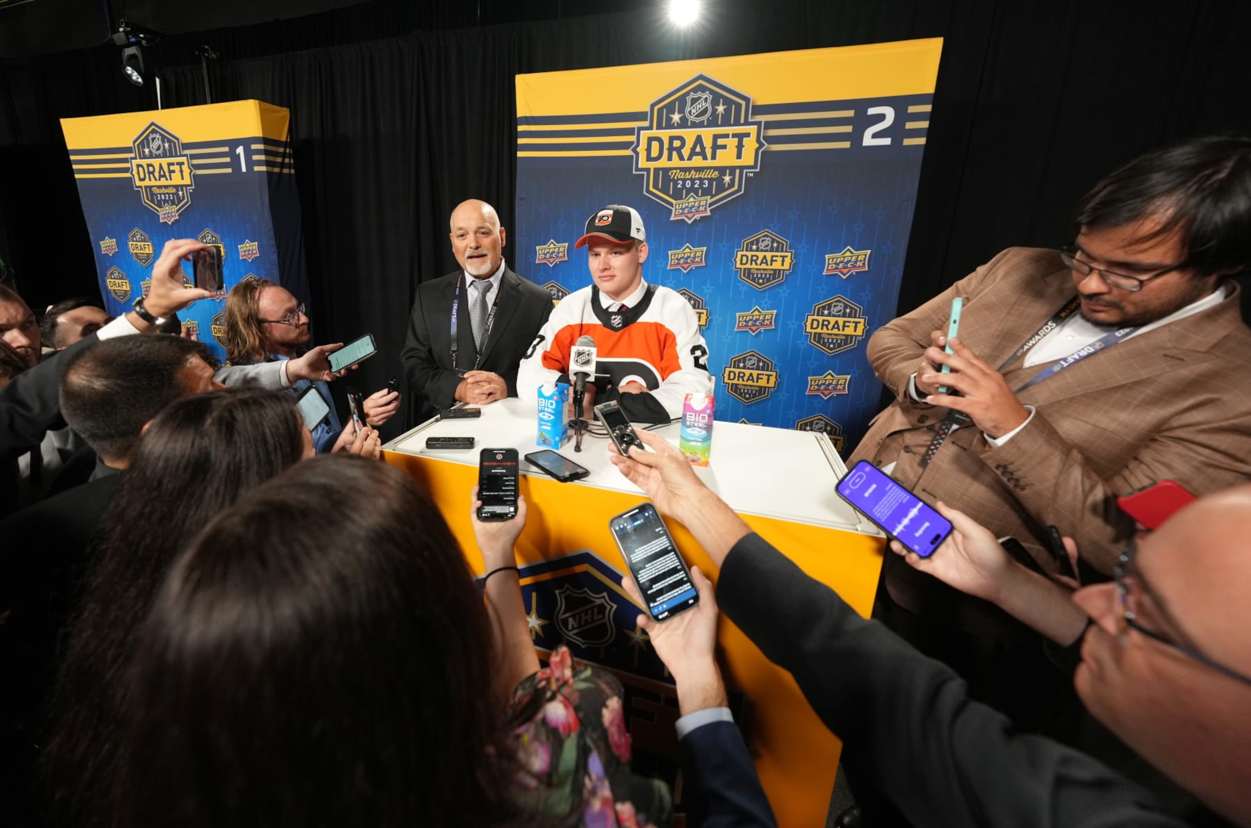 NASHVILLE, TENNESSEE - JUNE 28: Matvei Michkov speaks during an interview after being selected seventh overall by the Philadelphia Flyers during the 2023 Upper Deck NHL Draft - Round One at Bridgestone Arena on June 28, 2023 in Nashville, Tennessee. (Photo by John Russell/NHLI via Getty Images)