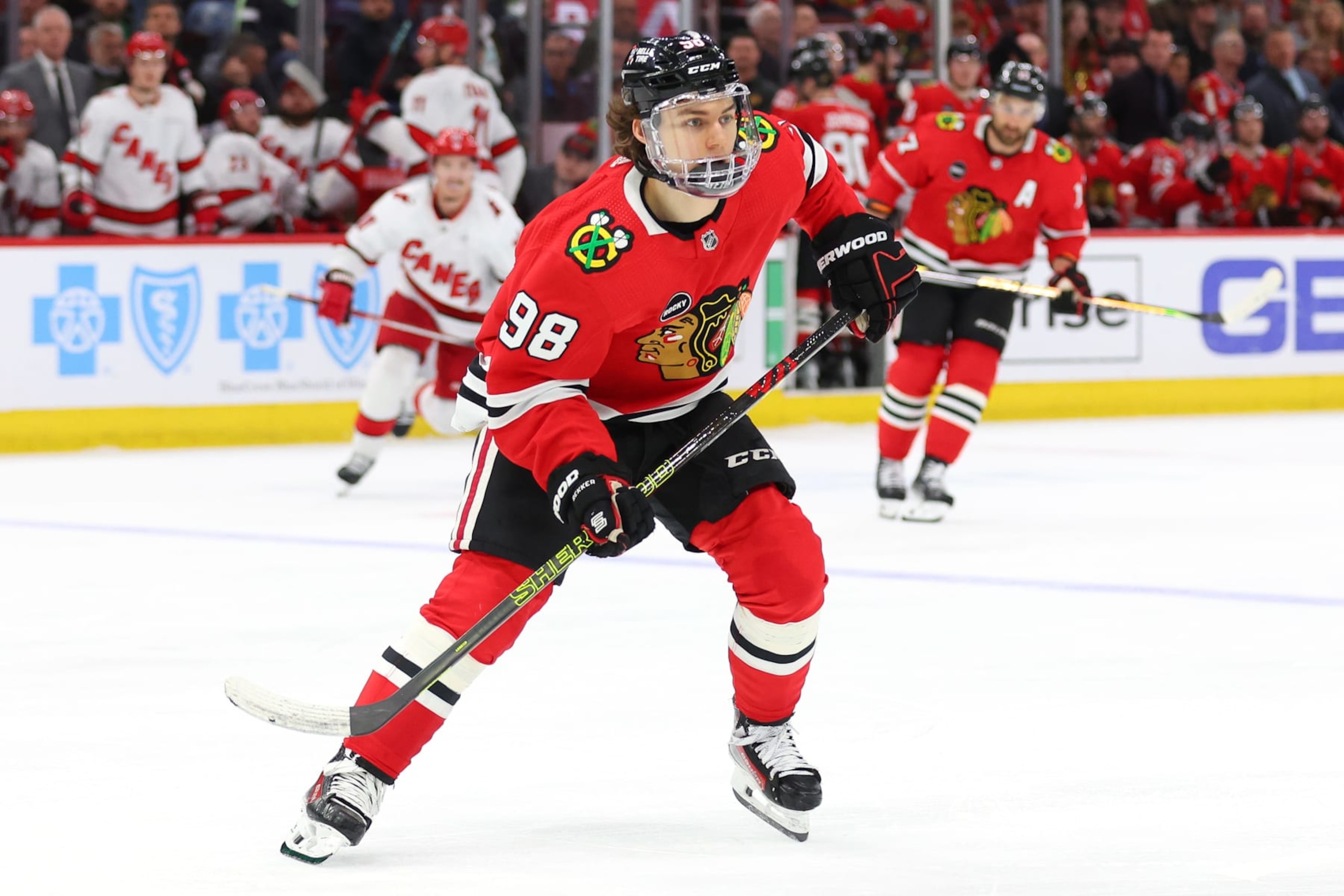 CHICAGO, ILLINOIS - APRIL 14: Connor Bedard #98 of the Chicago Blackhawks skates against the Carolina Hurricanes during the third period at the United Center on April 14, 2024 in Chicago, Illinois. (Photo by Michael Reaves/Getty Images)