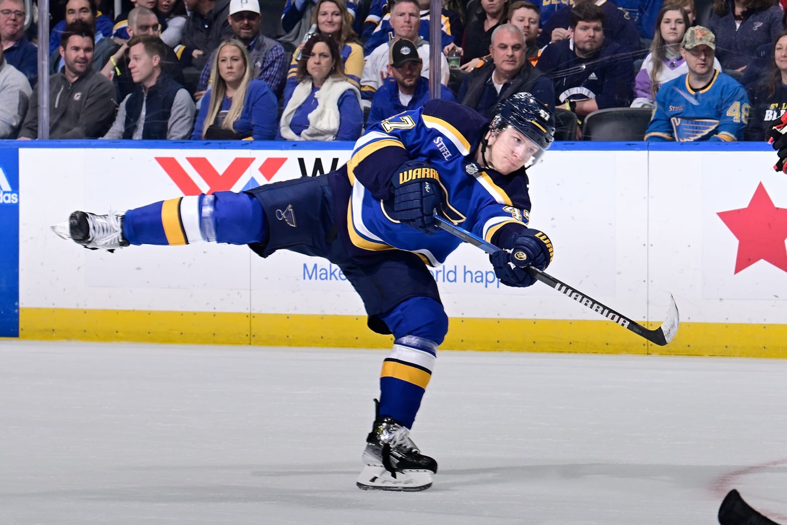 ST. LOUIS, MO - APRIL 10: Torey Krug #47 of the St. Louis Blues takes a shot against the Chicago Blackhawks on April 10, 2024 at the Enterprise Center in St. Louis, Missouri. (Photo by Scott Rovak/NHLI via Getty Images)