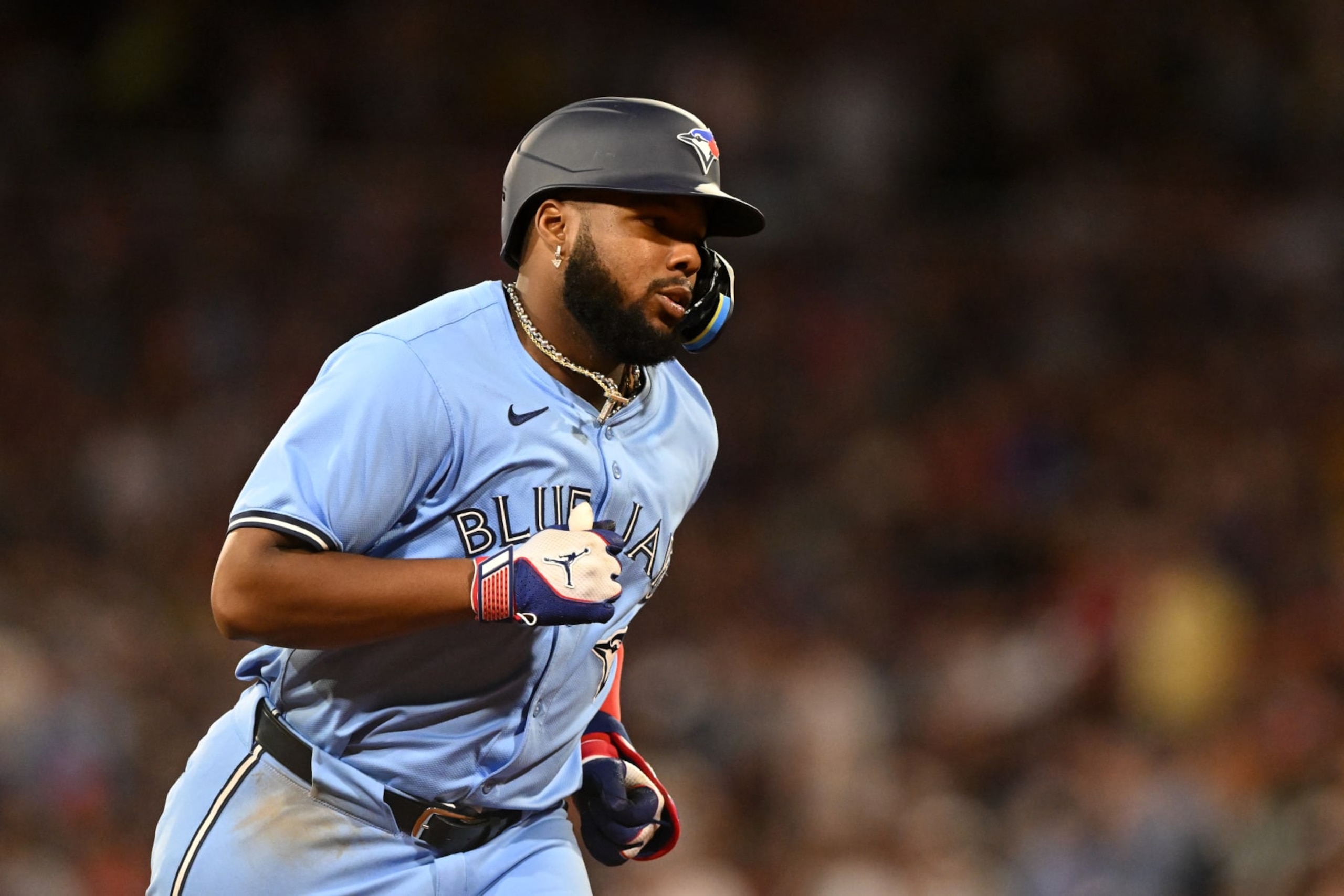 BOSTON, MASSACHUSETTS - JUNE 24: Vladimir Guerrero Jr. #27 of the Toronto Blue Jays runs the bases after hitting a three-run home run against the Boston Red Sox during the seventh inning at Fenway Park on June 24, 2024 in Boston, Massachusetts. (Photo by Brian Fluharty/Getty Images)