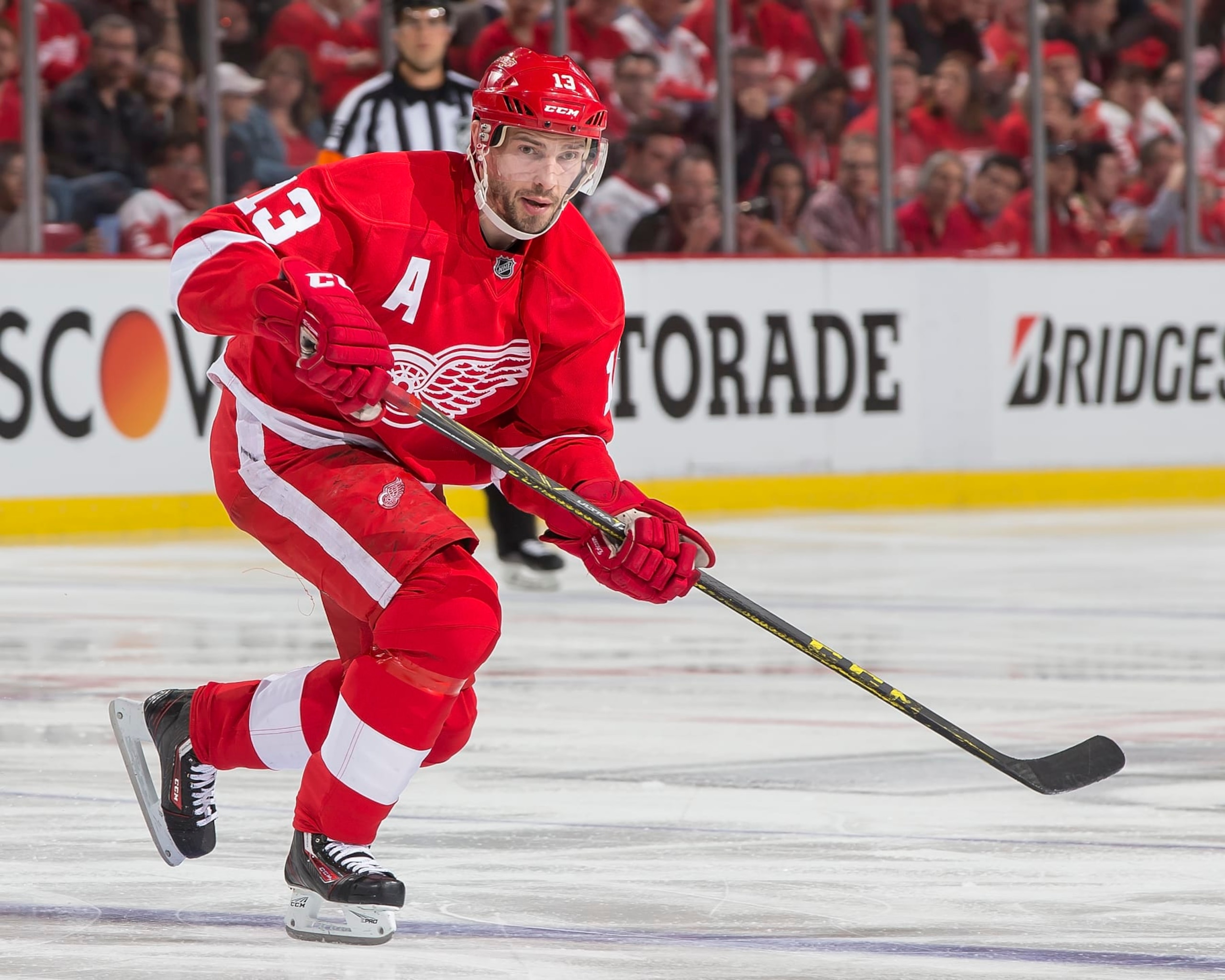 DETROIT, MI - APRIL 19: Pavel Datsyuk #13 of the Detroit Red Wings skates up ice against the Tampa Bay Lightning in Game Four of the Eastern Conference First Round during the 2016 NHL Stanley Cup Playoffs on April 19, 2016 at Joe Louis Arena in Detroit, Michigan. The Lightning defeated the Wings 3-2. (Photo by Dave Reginek/NHLI via Getty Images)