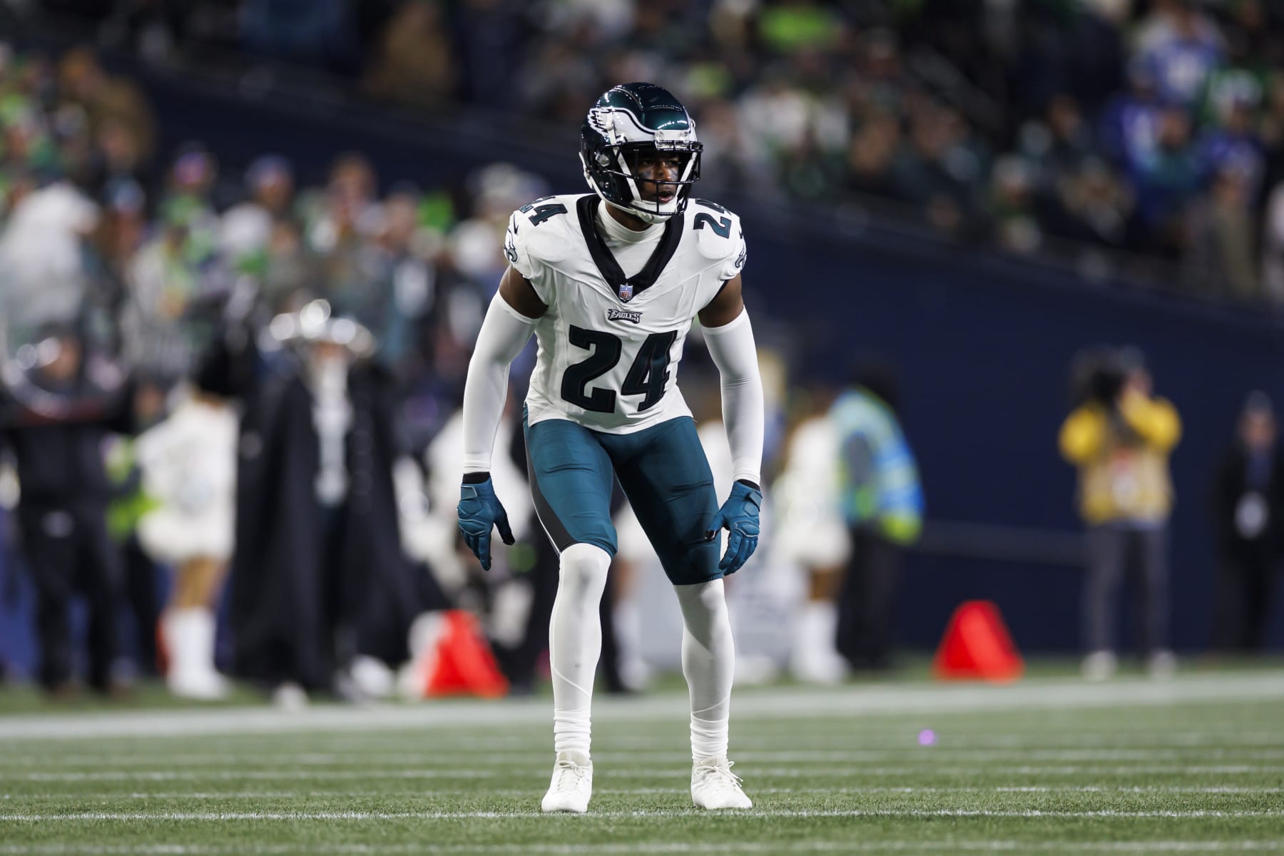 SEATTLE, WASHINGTON - DECEMBER 18: James Bradberry #24 of the Philadelphia Eagles defends in coverage against the Seattle Seahawks at Lumen Field on December 18, 2023 in Seattle, Washington. (Photo by Ryan Kang/Getty Images)