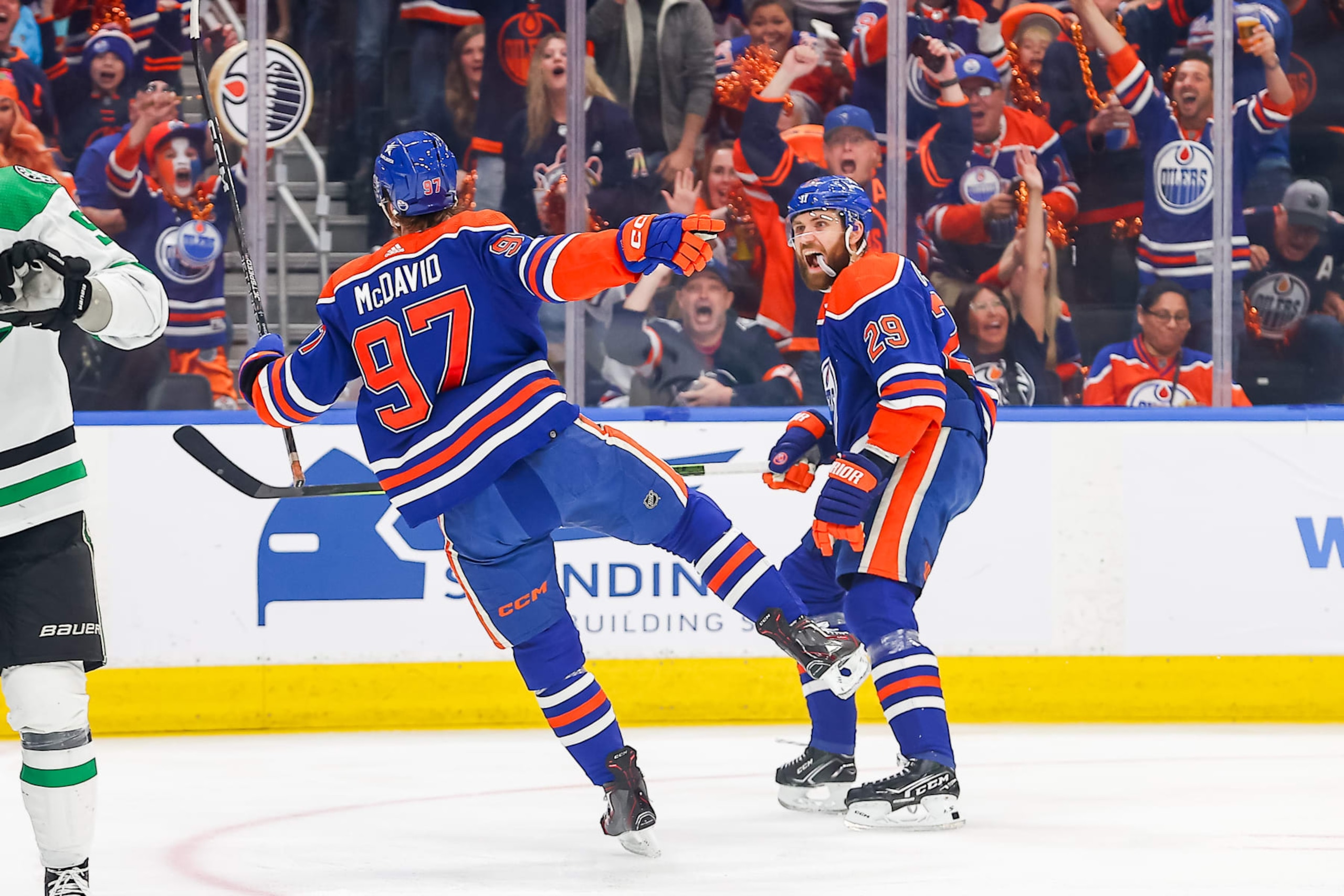 EDMONTON, AB - JUNE 2: Edmonton Oilers Center Connor McDavid (97) celebrates his goal with Edmonton Oilers Center Leon Draisaitl (29) in the first period of game six of the Western Conference Final Round Edmonton Oilers game versus the Dallas Stars on June 2, 2024 at Rogers Place in Edmonton, AB. (Photo by Curtis Comeau/Icon Sportswire via Getty Images)