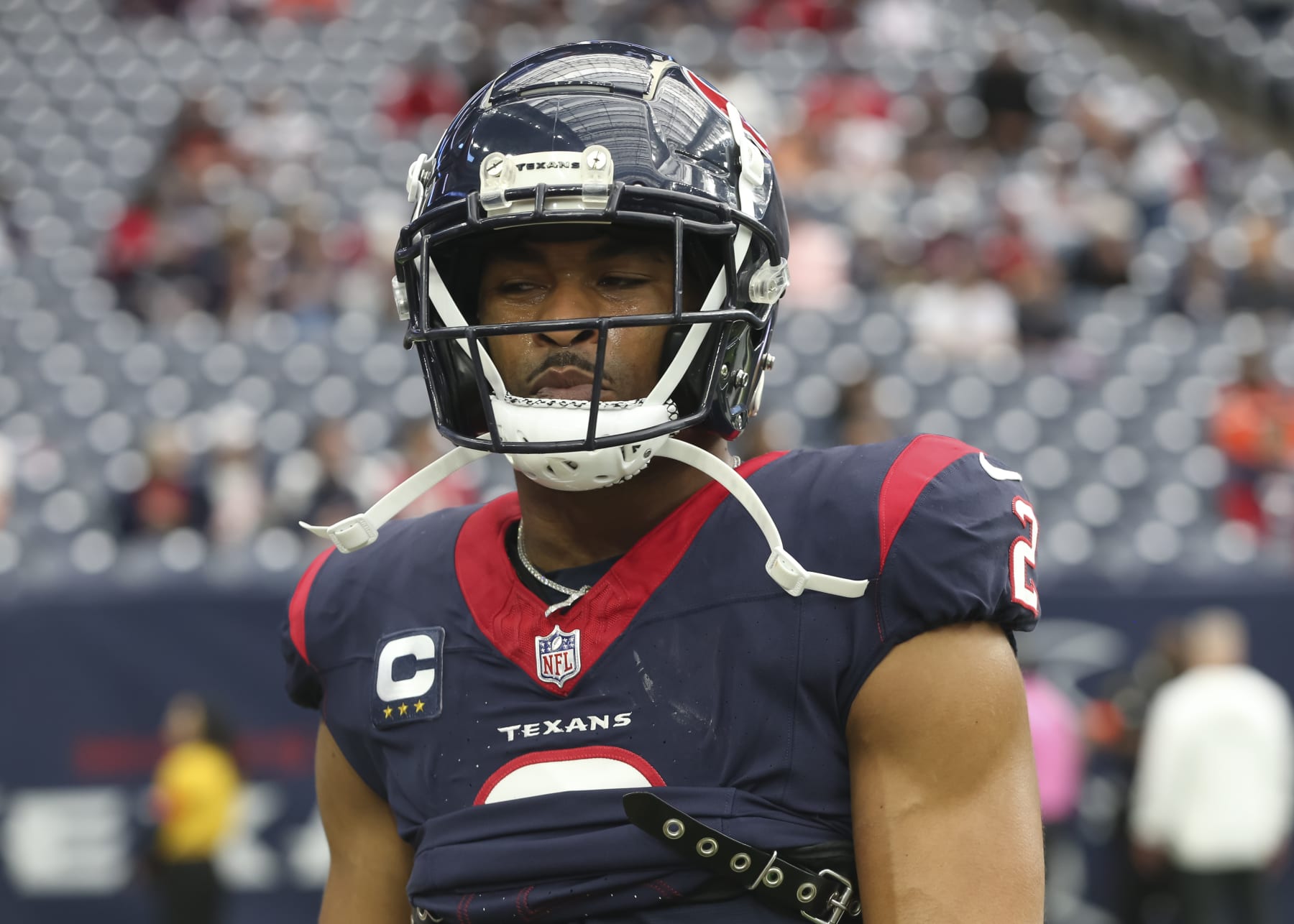 HOUSTON, TX - JANUARY 13:  Houston Texans wide receiver Robert Woods (2) warms up during the AFC Wild Card game between the Cleveland Browns and Houston Texans on January 13, 2024 at NRG Stadium in Houston, Texas.  (Photo by Leslie Plaza Johnson/Icon Sportswire via Getty Images)