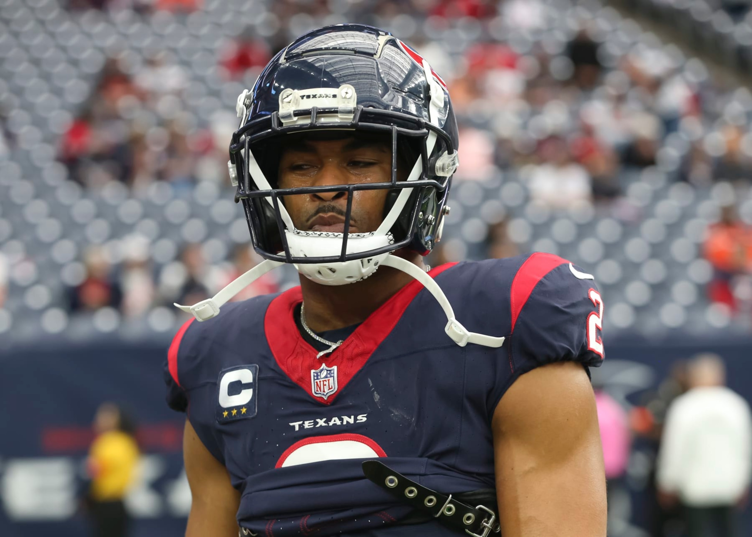 HOUSTON, TX - JANUARY 13:  Houston Texans wide receiver Robert Woods (2) warms up during the AFC Wild Card game between the Cleveland Browns and Houston Texans on January 13, 2024 at NRG Stadium in Houston, Texas.  (Photo by Leslie Plaza Johnson/Icon Sportswire via Getty Images)