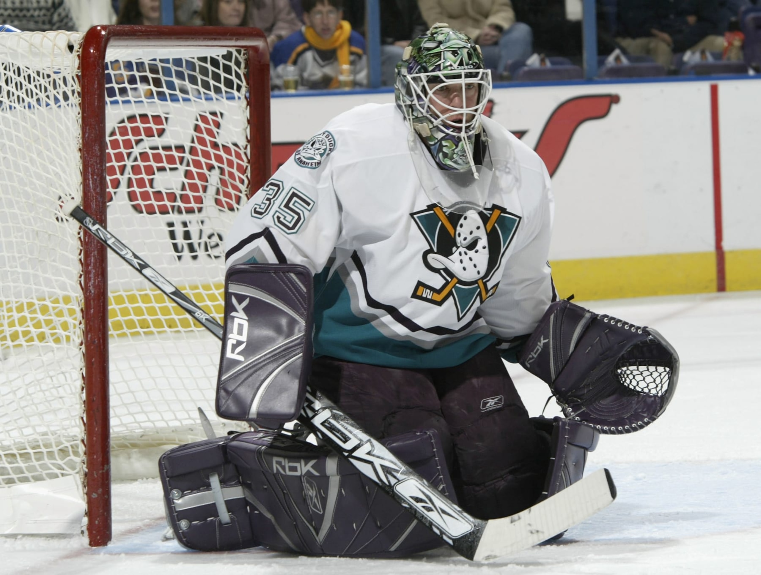 ST. LOUIS - DECEMBER 31:  Jean-Sebastien Giguere #35 of the Mighty Ducks of Anaheim in action against the St. Louis Blues during the NHL game at Savvis Center on December 31, 2005 in St. Louis, Missouri.  (Photo by Dilip Vishwanat/Getty Images)