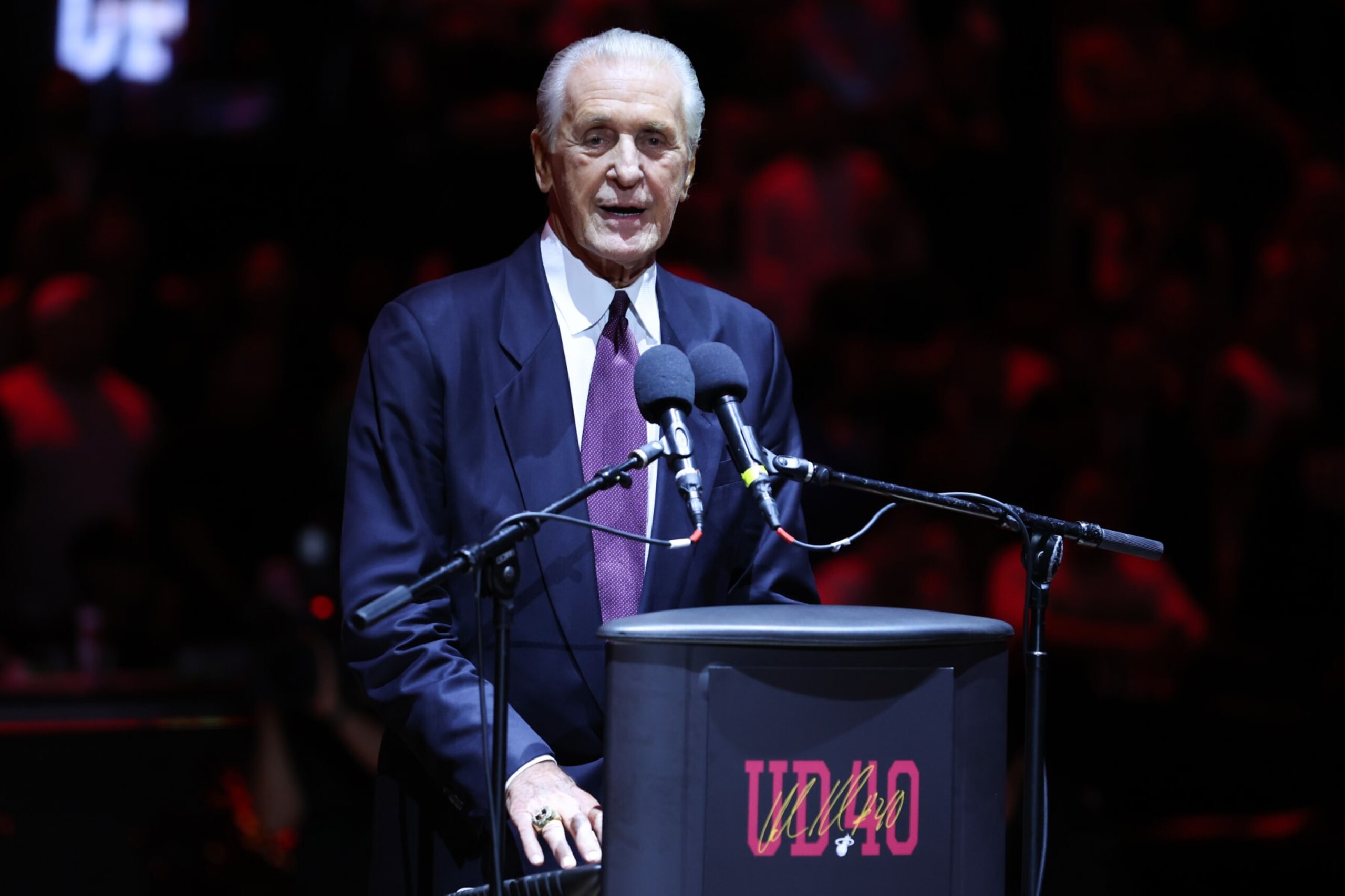 MIAMI, FLORIDA - JANUARY 19: Miami Heat president Pat Riley addresses the crowd during the Udonis Haslem jersey retirement ceremony at halftime of a game between the Atlanta Hawks and Miami Heat at Kaseya Center on January 19, 2024 in Miami, Florida. NOTE TO USER: User expressly acknowledges and agrees that, by downloading and or using this photograph, User is consenting to the terms and conditions of the Getty Images License Agreement. (Photo by Megan Briggs/Getty Images) MIAMI, FLORIDA - JANUARY 19: Miami Heat president Pat Riley addresses the crowd during the Udonis Haslem jersey retirement ceremony at halftime of a game between the Atlanta Hawks and Miami Heat at Kaseya Center on January 19, 2024 in Miami, Florida. NOTE TO USER: User expressly acknowledges and agrees that, by downloading and or using this photograph, User is consenting to the terms and conditions of the Getty Images License Agreement. (Photo by Megan Briggs/Getty Images)