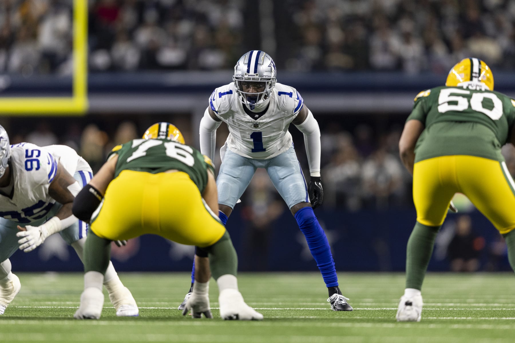ARLINGTON, TEXAS - JANUARY 14: Jayron Kearse #1 of the Dallas Cowboys looks on during an NFL wild-card playoff football game between the Dallas Cowboys and the Green Bay Packers at AT&T Stadium on January 14, 2024 in Arlington, Texas. (Photo by Michael Owens/Getty Images)