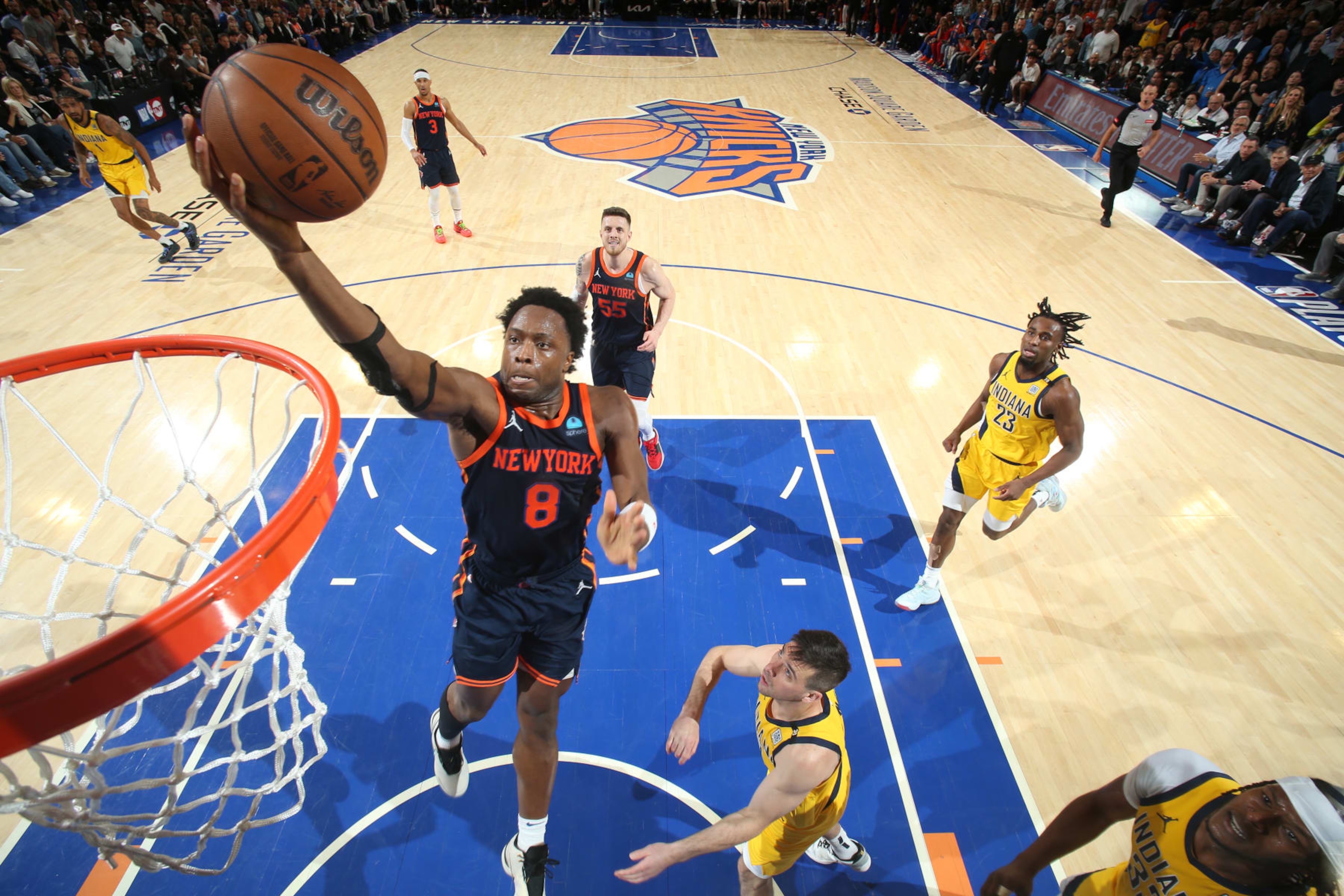 NEW YORK, NY - MAY 8: OG Anunoby #8 of the New York Knicks drives to the basket during the game  against the Indiana Pacers during Round 2 Game 2 of the 2024 NBA Playoffs on May 8, 2024 at Madison Square Garden in New York City, New York.  NOTE TO USER: User expressly acknowledges and agrees that, by downloading and or using this photograph, User is consenting to the terms and conditions of the Getty Images License Agreement. Mandatory Copyright Notice: Copyright 2024 NBAE  (Photo by Nathaniel S. Butler/NBAE via Getty Images)