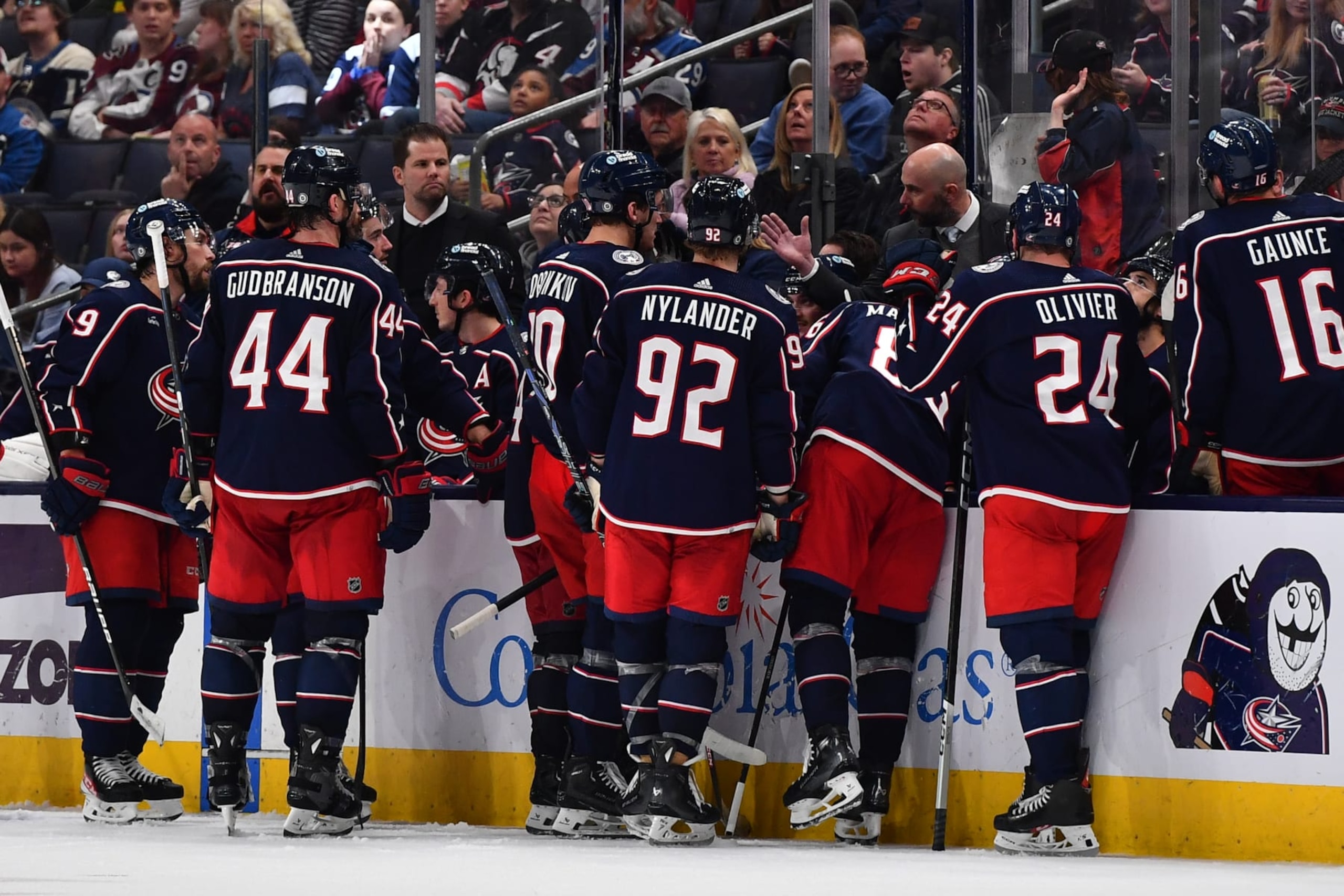 COLUMBUS, OHIO - APRIL 1: Head coach Pascal Vincent of the Columbus Blue Jackets talks to his players during the third period of a game against the Colorado Avalanche at Nationwide Arena on April 1, 2024 in Columbus, Ohio. (Photo by Ben Jackson/NHLI via Getty Images)
