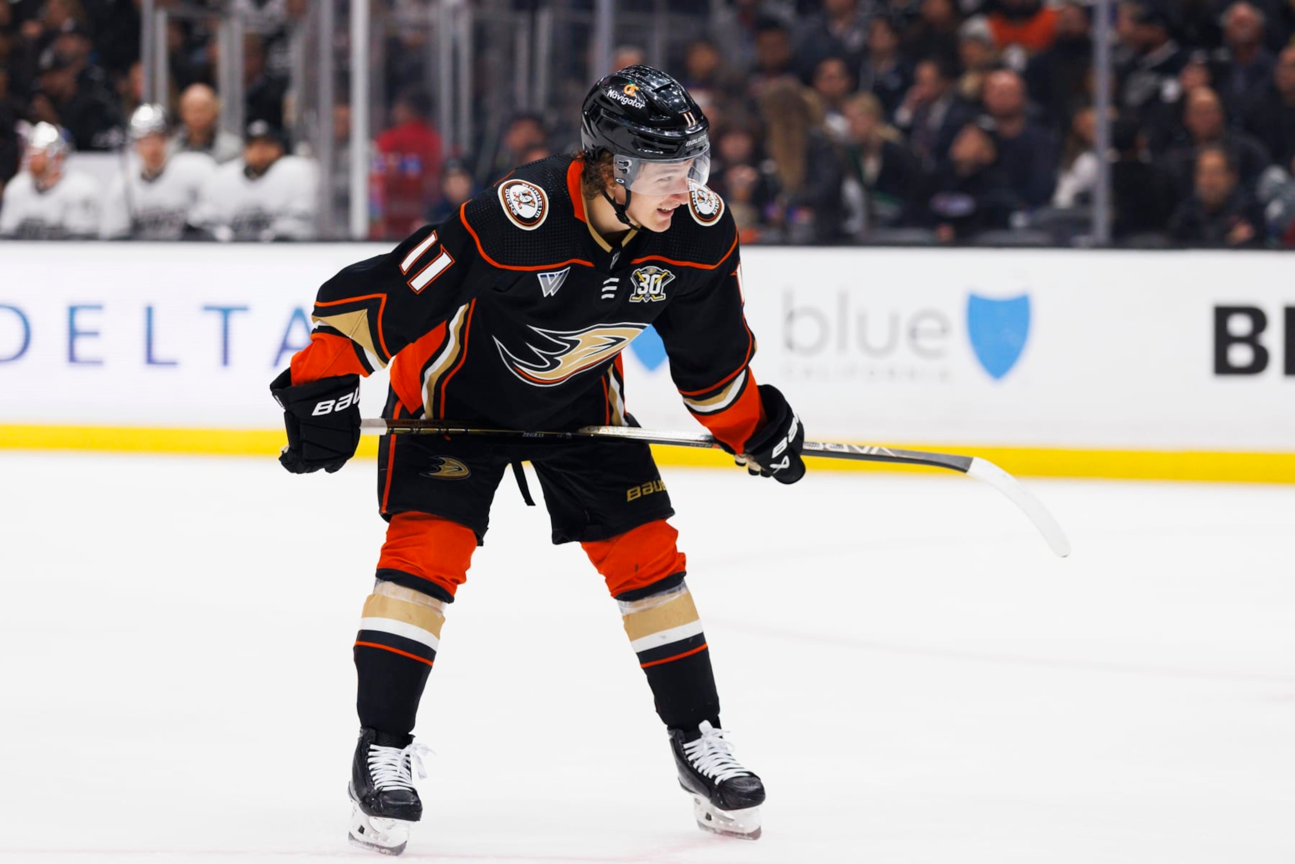 LOS ANGELES, CA - APRIL 13: Anaheim Ducks center Trevor Zegras (11) during an NHL game against the Los Angeles Kings on April 13, 2024 at Crypto.com Arena in Los Angeles, CA. (Photo by Ric Tapia/Icon Sportswire via Getty Images)