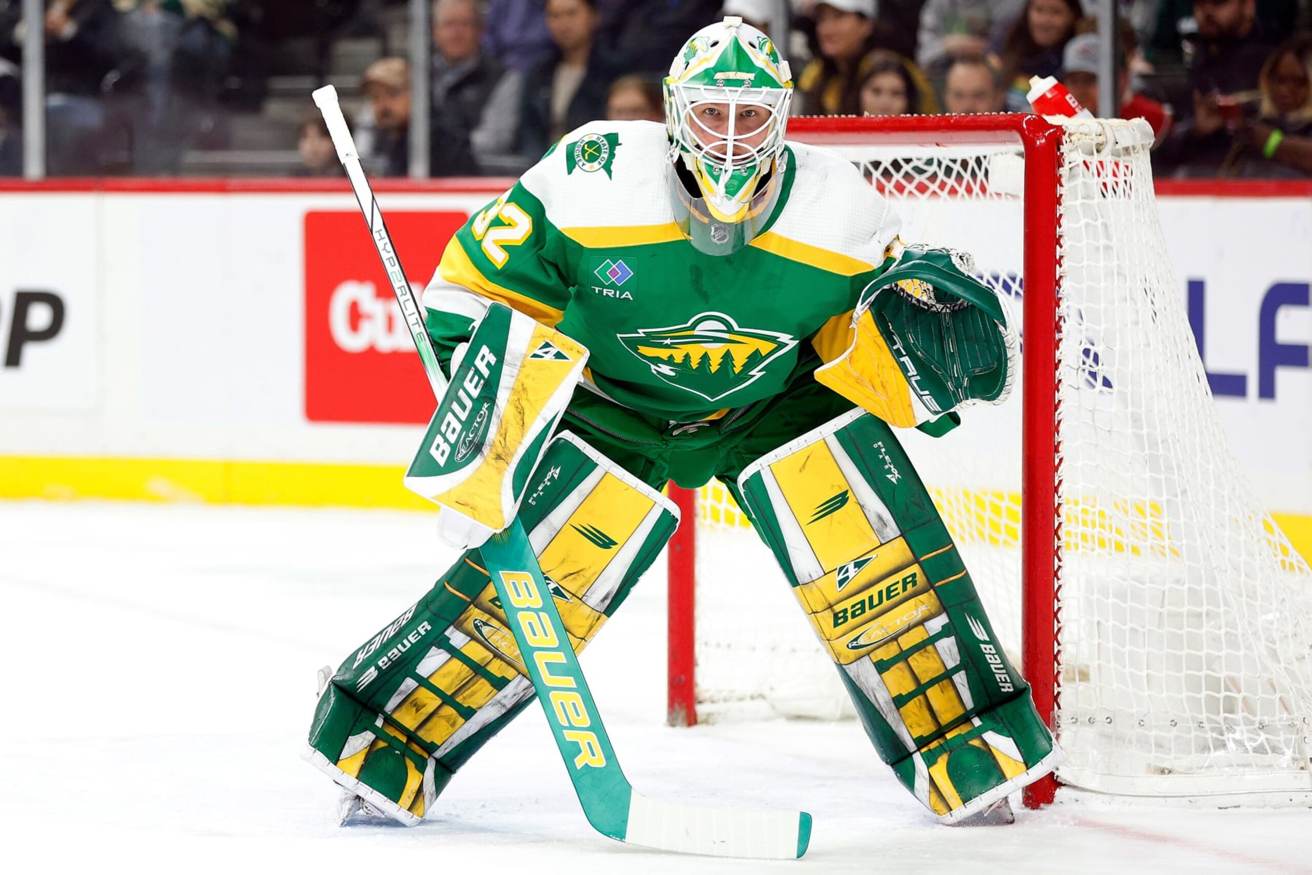 ST PAUL, MINNESOTA - MARCH 30: Filip Gustavsson #32 of the Minnesota Wild defends his net against the Vegas Golden Knights in the first period at Xcel Energy Center on March 30, 2024 in St Paul, Minnesota. (Photo by David Berding/Getty Images)
