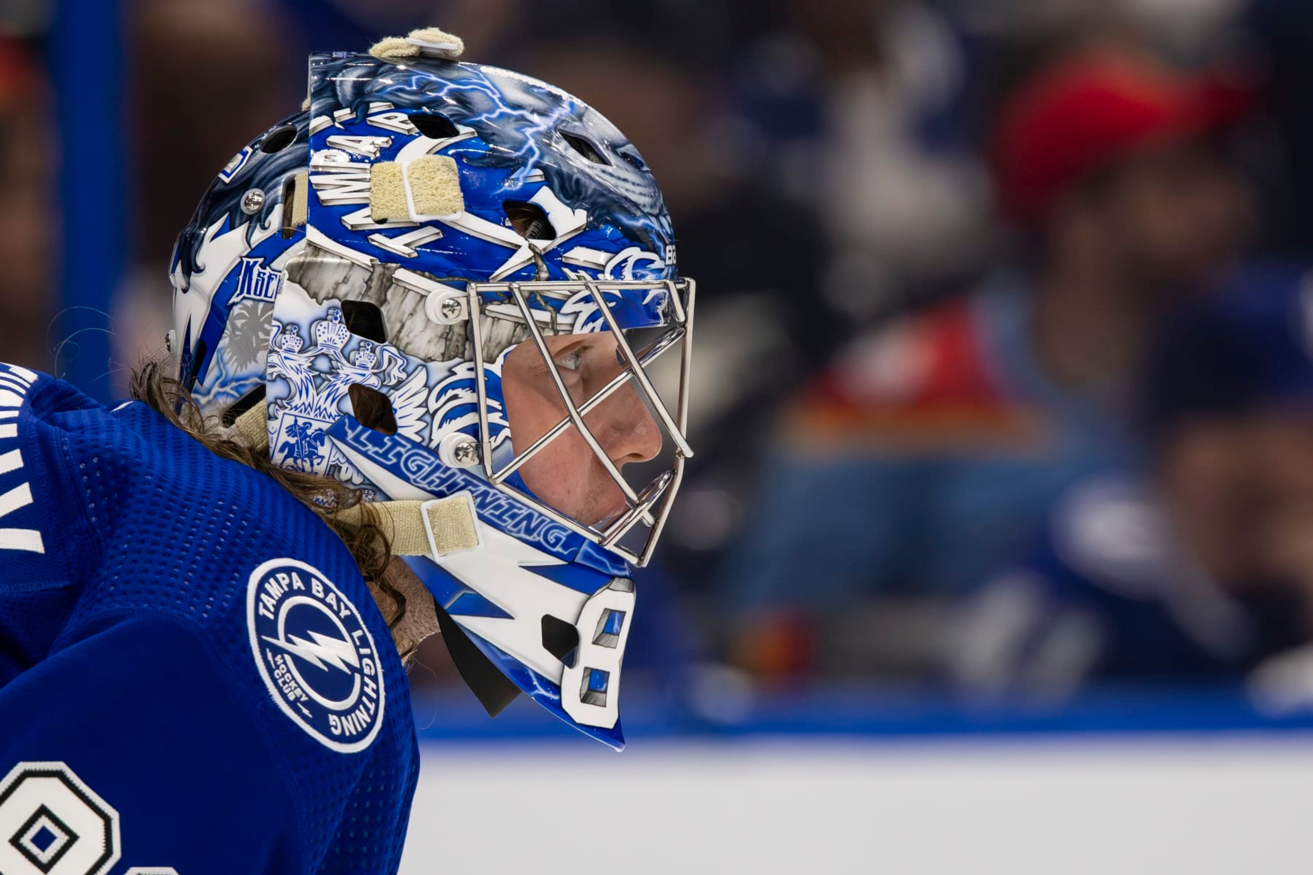TAMPA, FL - APRIL 25: Goalie Andrei Vasilevskiy #88 of the Tampa Bay Lightning tends net against the Florida Panthers in Game Three of the First Round of the 2024 Stanley Cup Playoffs at Amalie Arena on April 25, 2024 in Tampa, Florida. (Photo by Vince Del Monte/NHLI via Getty Images)
