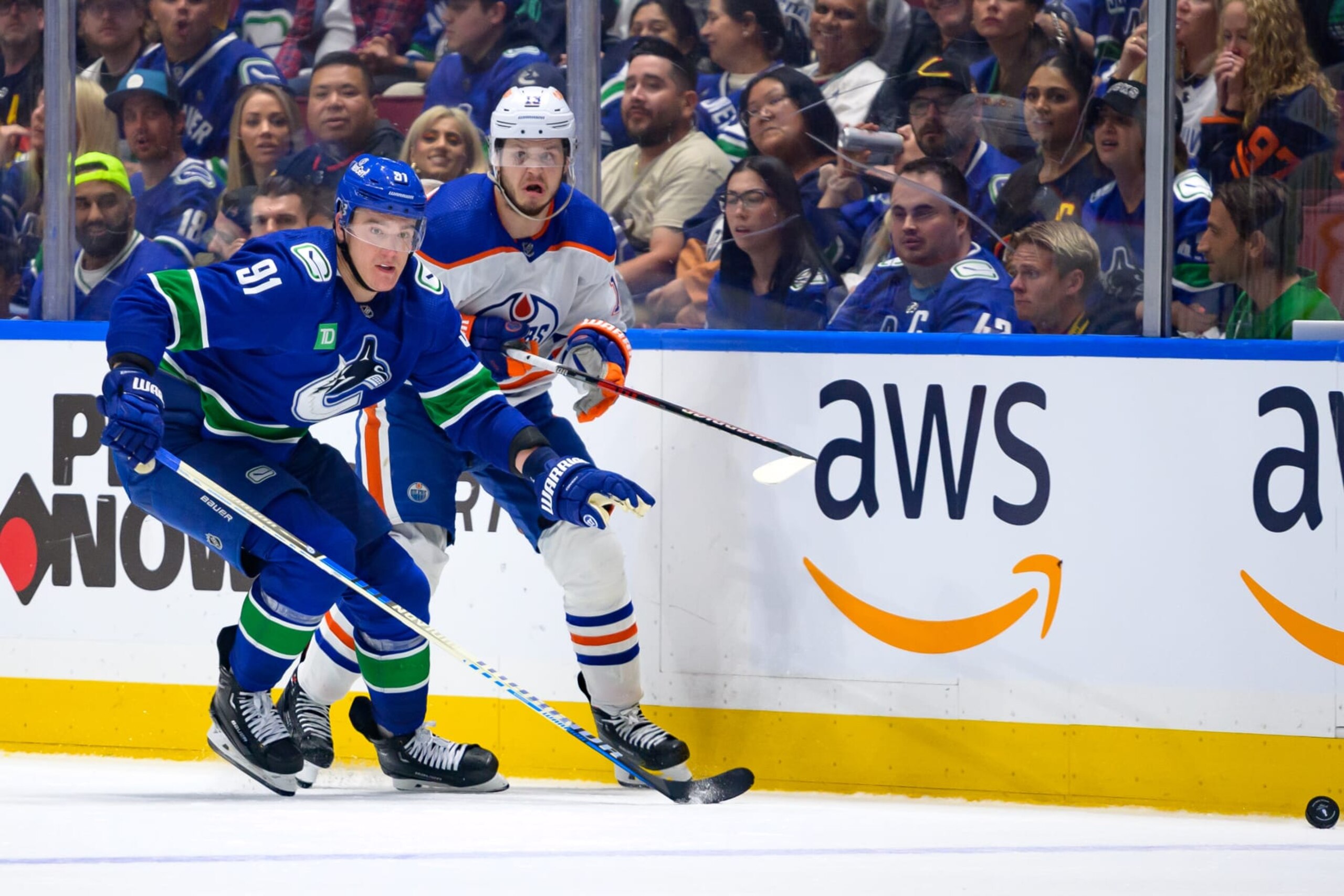 VANCOUVER, CANADA - MAY 20: Nikita Zadorov #91 of the Vancouver Canucks and Mattias Janmark #13 of the Edmonton Oilers skate during the third period in Game Seven of the Second Round of the 2024 Stanley Cup Playoffs at Rogers Arena on May 20, 2024 in Vancouver, British Columbia, Canada. (Photo by Derek Cain/Getty Images)