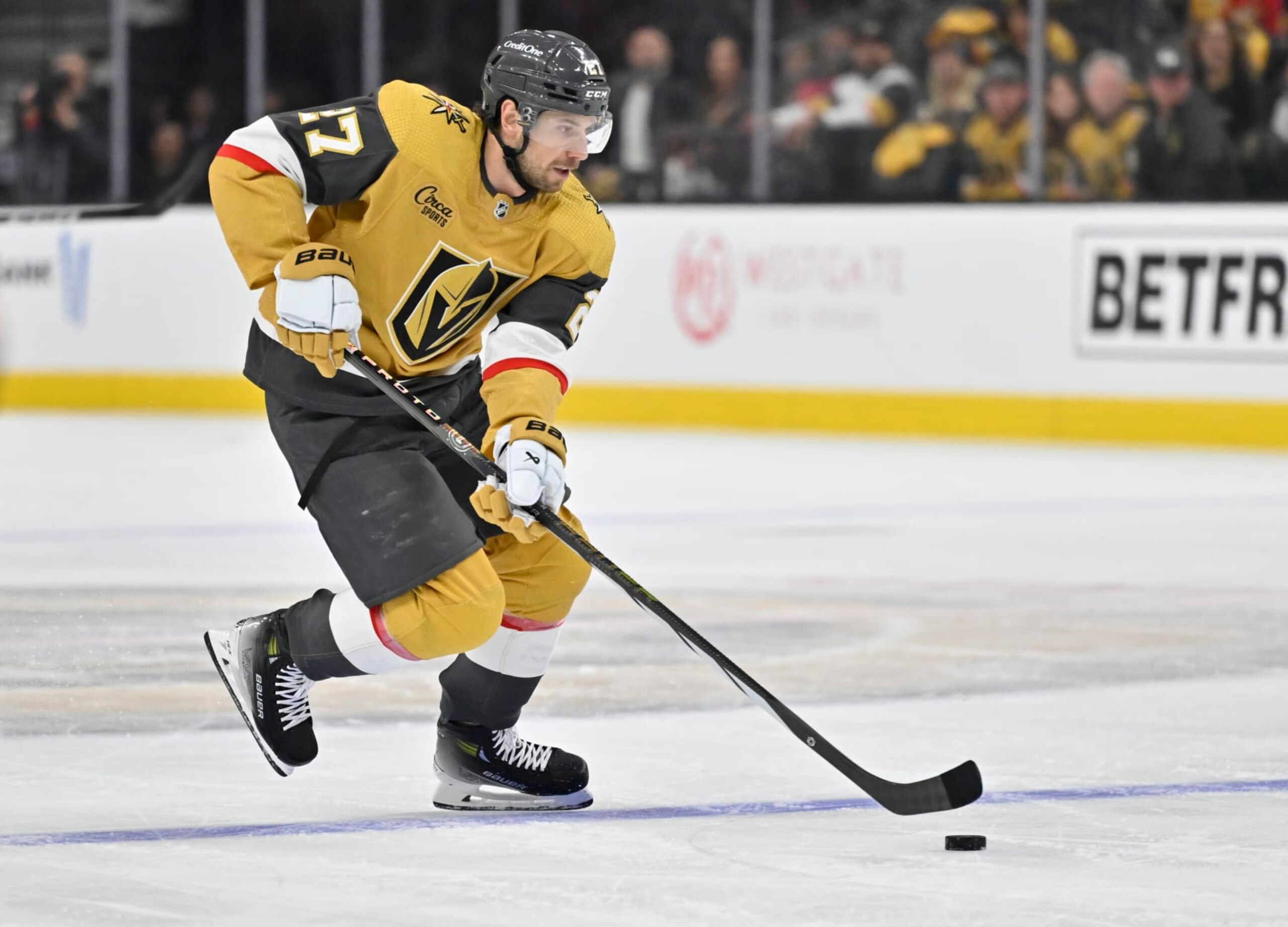 LAS VEGAS, NEVADA - APRIL 27: Shea Theodore #27 of the Vegas Golden Knights skates during the first period against the Dallas Stars in Game Three of the First Round of the 2024 Stanley Cup Playoffs at T-Mobile Arena on April 27, 2024 in Las Vegas, Nevada.  (Photo by David Becker/NHLI via Getty Images)